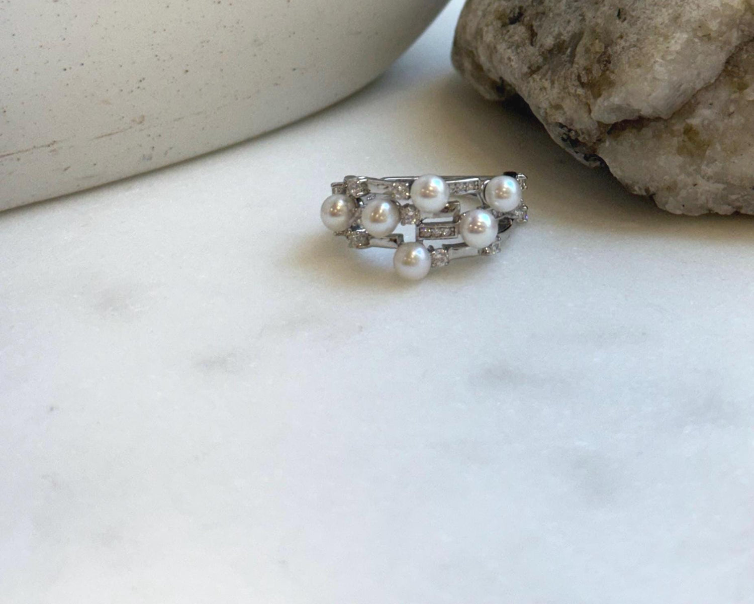 Elly’s 6pcs White Small Pearls Ring: Extreme luster mirrored, 4.1-4.4mm, 1.1cm wide, S925 Silver adjustable Ring.