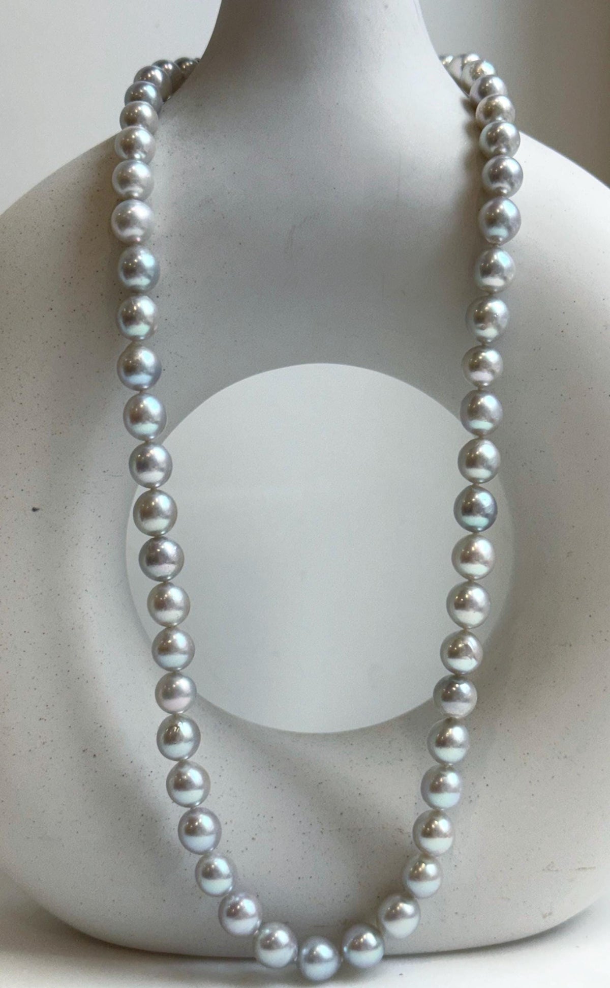 Elly’s 49pcs 7.4-8.4mm Akoya natural blue silver ocean pearls necklace strand, extreme luster mirrored, 18.5” knotted, S925 silver necklace. high quality Akoya pearls necklace strand for her anniversary