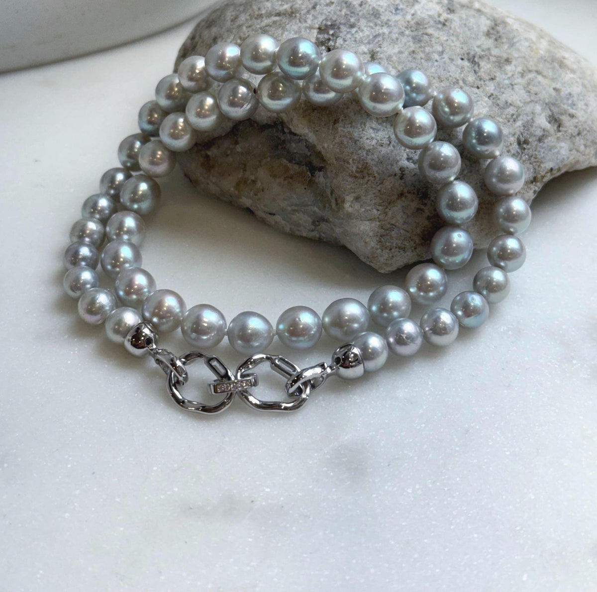Elly’s 49pcs 7.4-8.4mm Akoya natural blue silver ocean pearls necklace strand, extreme luster mirrored, 18.5” knotted, S925 silver necklace. high quality Akoya pearls necklace strand for her daily office wear