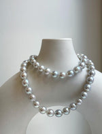 Elly’s 49pcs 7.4-8.4mm Akoya natural blue silver ocean pearls necklace strand, extreme luster mirrored, 18.5” knotted, S925 silver necklace. high quality Akoya pearls necklace strand for her