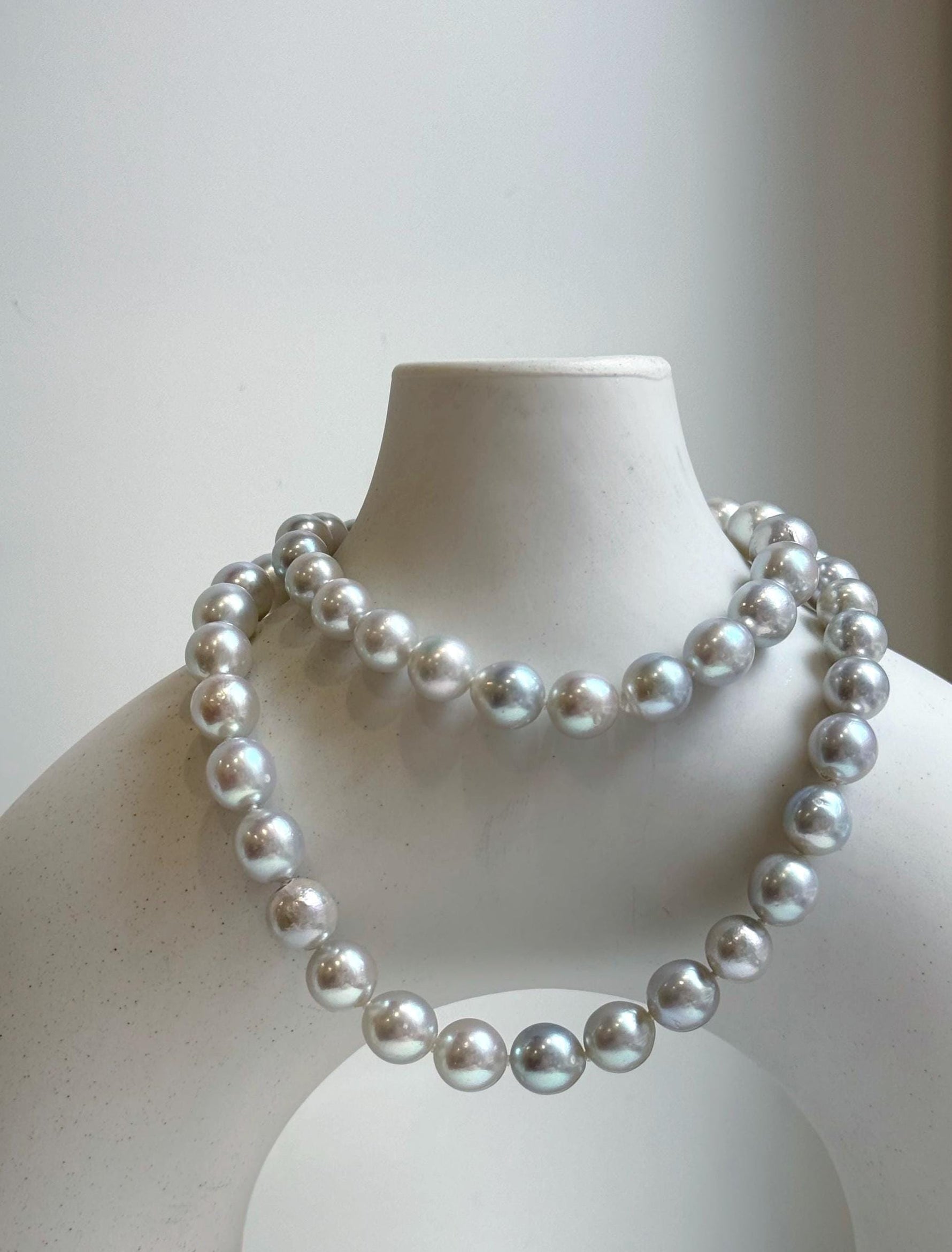 Elly’s 49pcs 7.4-8.4mm Akoya natural blue silver ocean pearls necklace strand, extreme luster mirrored, 18.5” knotted, S925 silver necklace. high quality Akoya pearls necklace strand for her