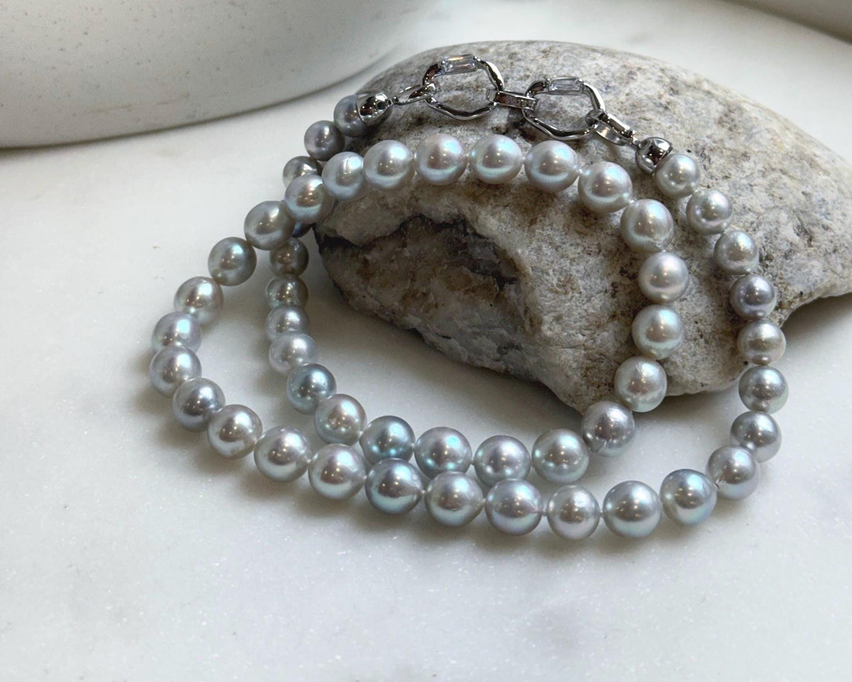 Elly’s 49pcs 7.4-8.4mm Akoya natural blue silver ocean pearls necklace strand, extreme luster mirrored, 18.5” knotted, S925 silver necklace. high quality Akoya pearls necklace strand for her