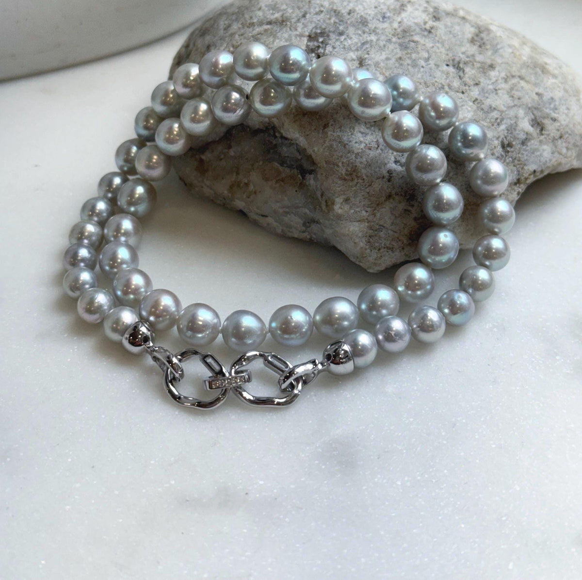 Elly’s 49pcs 7.4-8.4mm Akoya natural blue silver ocean pearls necklace strand, extreme luster mirrored, 18.5” knotted, S925 silver necklace. high quality Akoya pearls necklace strand for her
