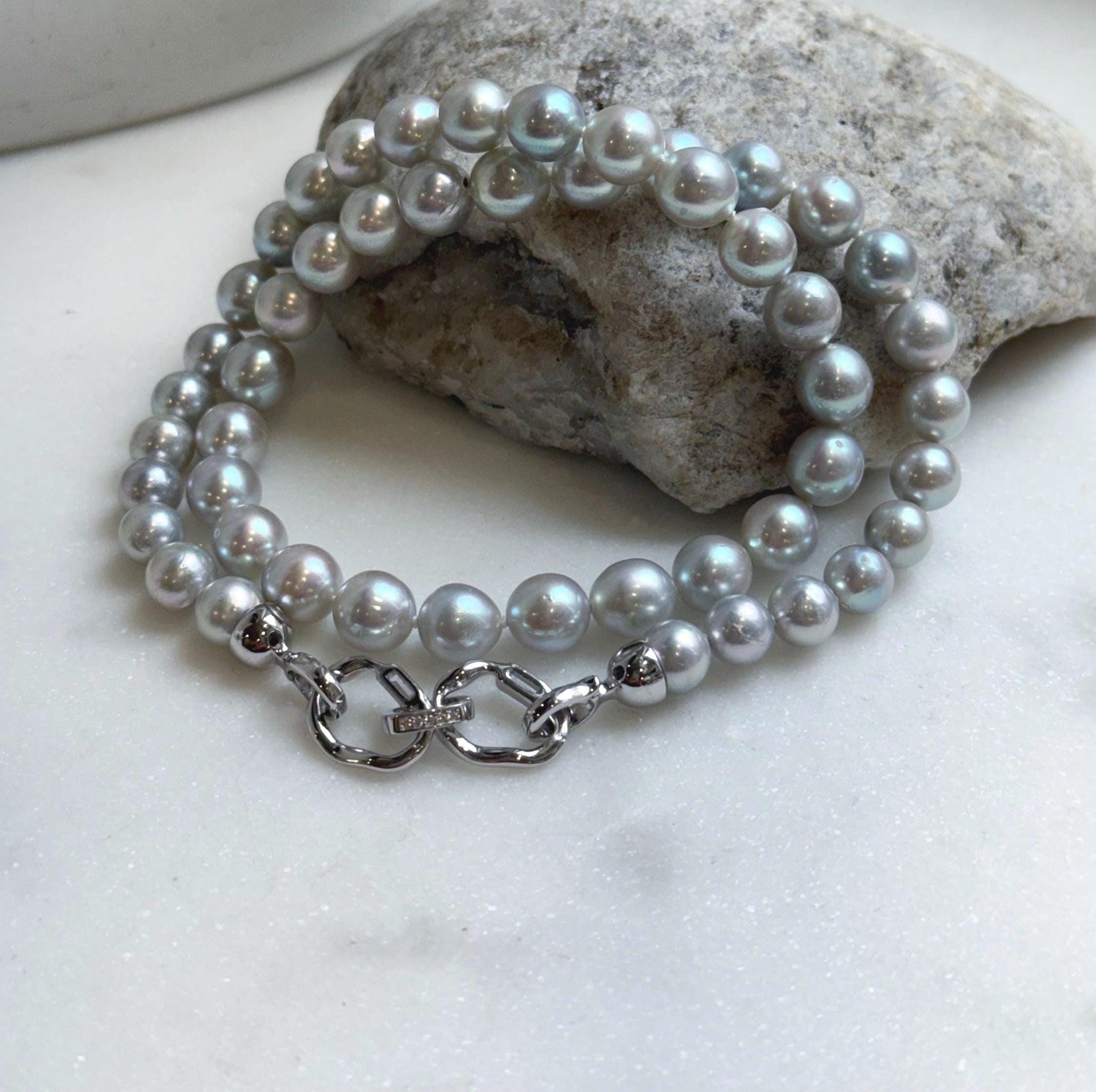 Elly’s 49pcs 7.4-8.4mm Akoya natural blue silver ocean pearls necklace strand, extreme luster mirrored, 18.5” knotted, S925 silver necklace. high quality Akoya pearls necklace strand for her