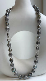 Elly’s 12pcs 8.4-10.6mm cool Tahitian natural peacock ocean pearls necklace strand: extreme luster, 18.7”, S925 silver necklace or bracelet.