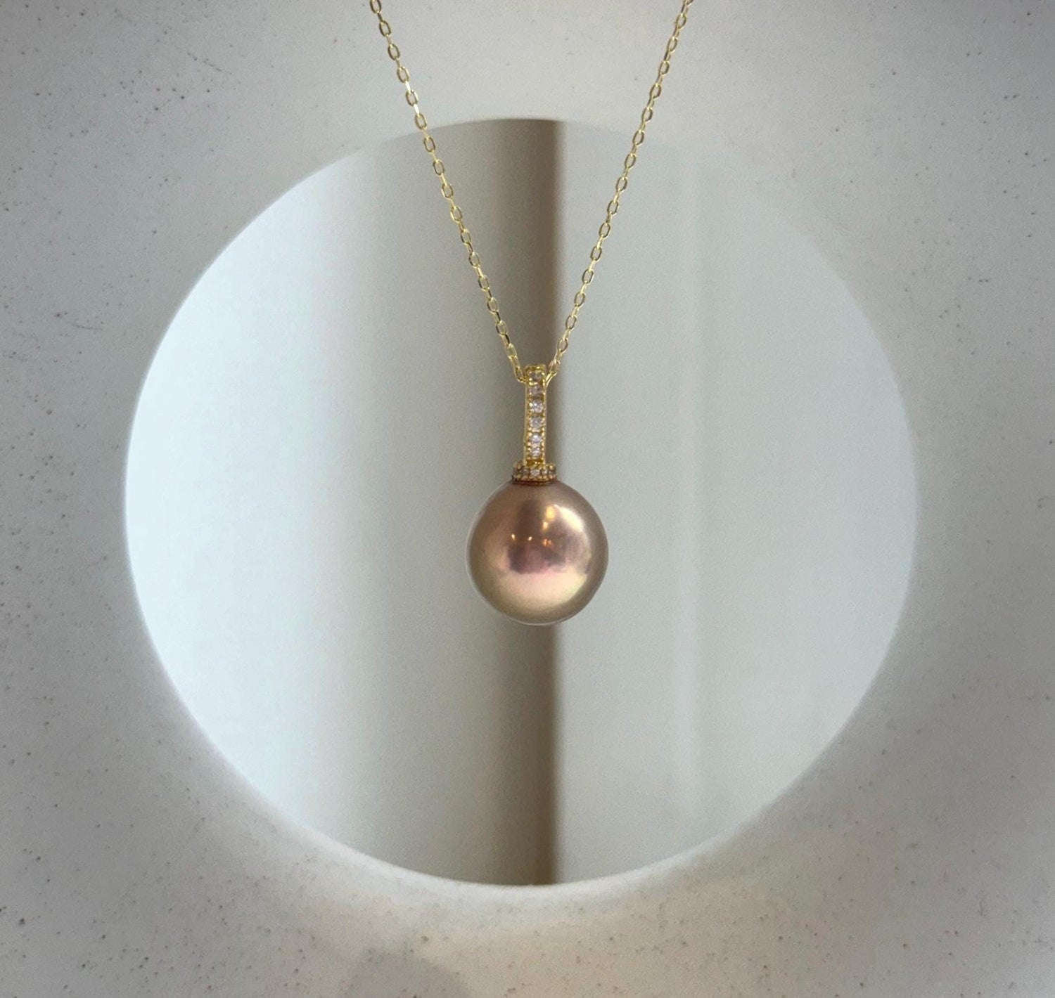 Elly’s 12.6mm Edison Metallic rose gold Pearl Pendant: Extreme luster mirrored, 2.3cm, s925 silver minimalist pendant necklace set.