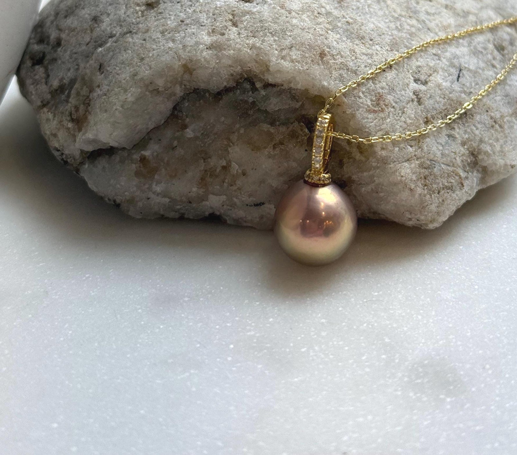 Elly’s 12.6mm Edison Metallic rose gold Pearl Pendant: Extreme luster mirrored, 2.3cm, s925 silver minimalist pendant necklace set.daily office pearl pendant