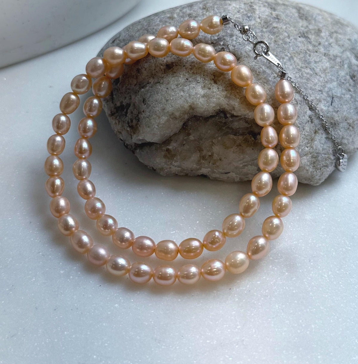 Elly’s 5.7-6mm Freshwater peach gold Pearls Necklace Strand: Extreme luster mirrored, to 18.1”, S925 silver necklace. gift for her anniversary