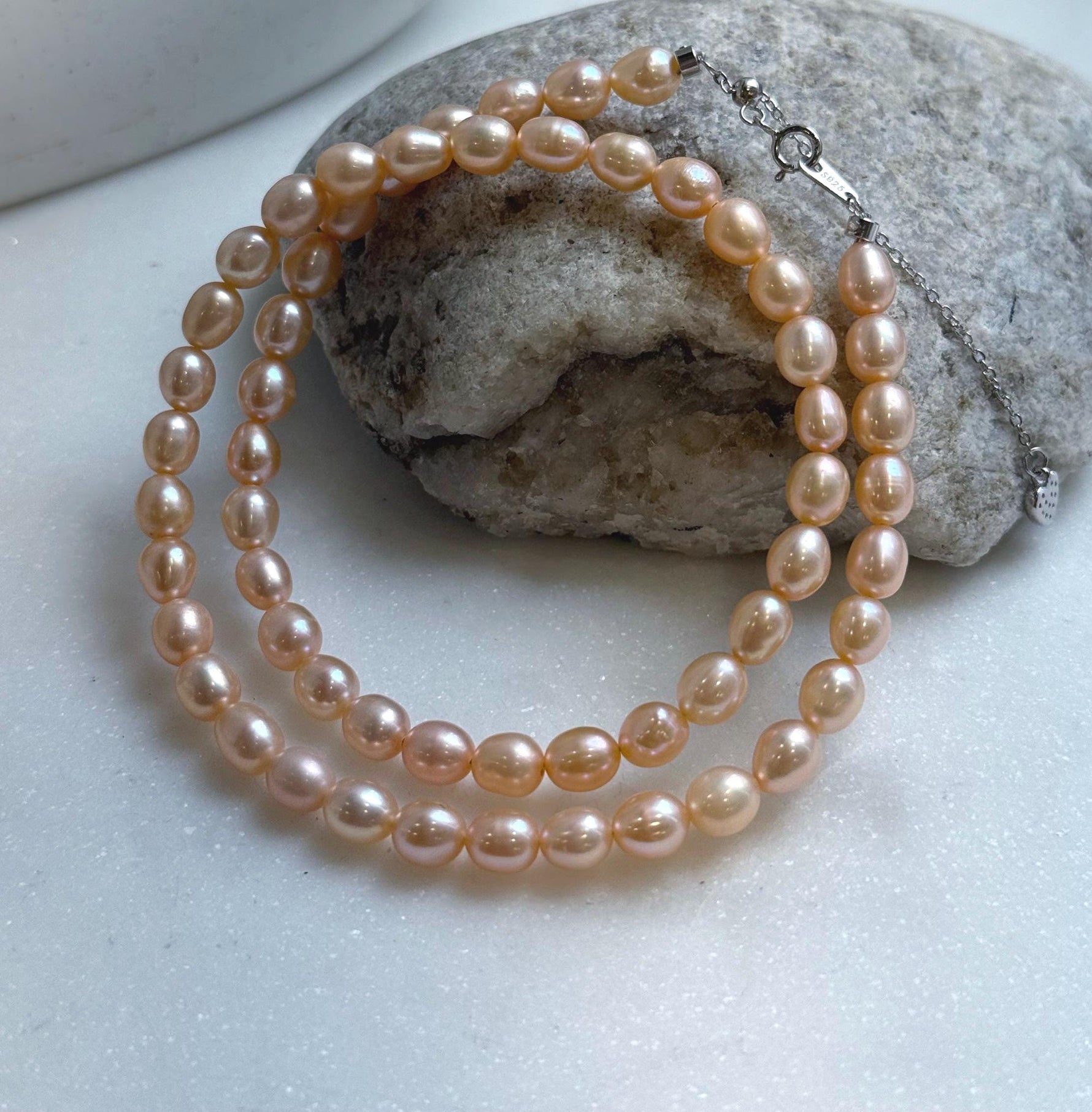 Elly’s 5.7-6mm Freshwater peach gold Pearls Necklace Strand: Extreme luster mirrored, to 18.1”, S925 silver necklace. gift for her anniversary