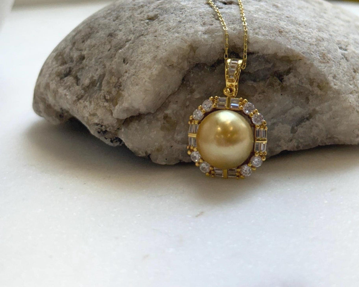 Elly’s 12mm South Sea deep Tea gold Ocean Pearl pendant: Extreme luster mirrored, 2.1cm high, S925 silver pendant chain set. gift for her