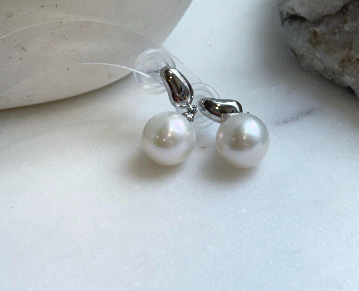 Elly’s 10.9mm Edison white Pearls Earrings: Extreme luster Mirrored, 2.4cm high, S925 silver minimalist earrings. gift for her daily office earrings