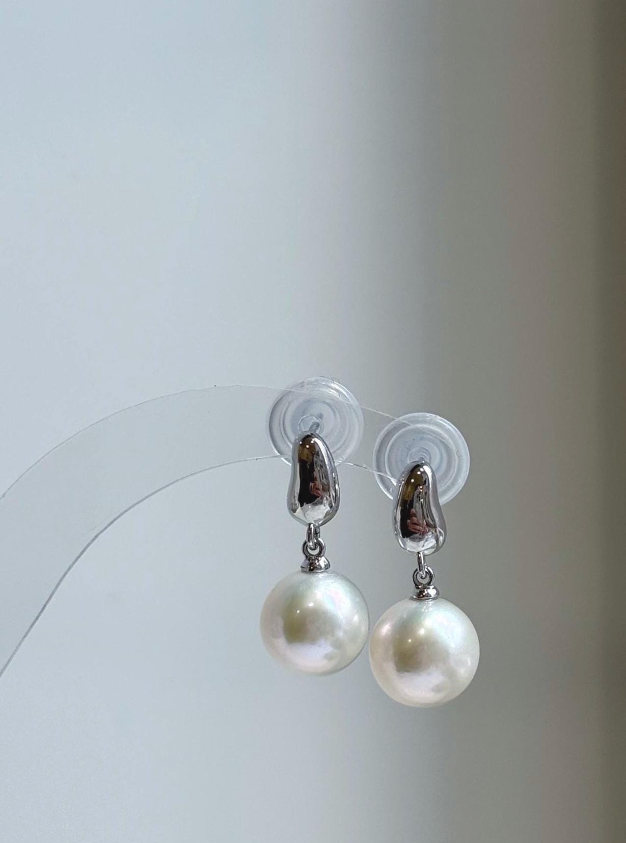 Elly’s 10.9mm Edison white Pearls Earrings: Extreme luster Mirrored, 2.4cm high, S925 silver minimalist earrings. gift for her daily office earrings