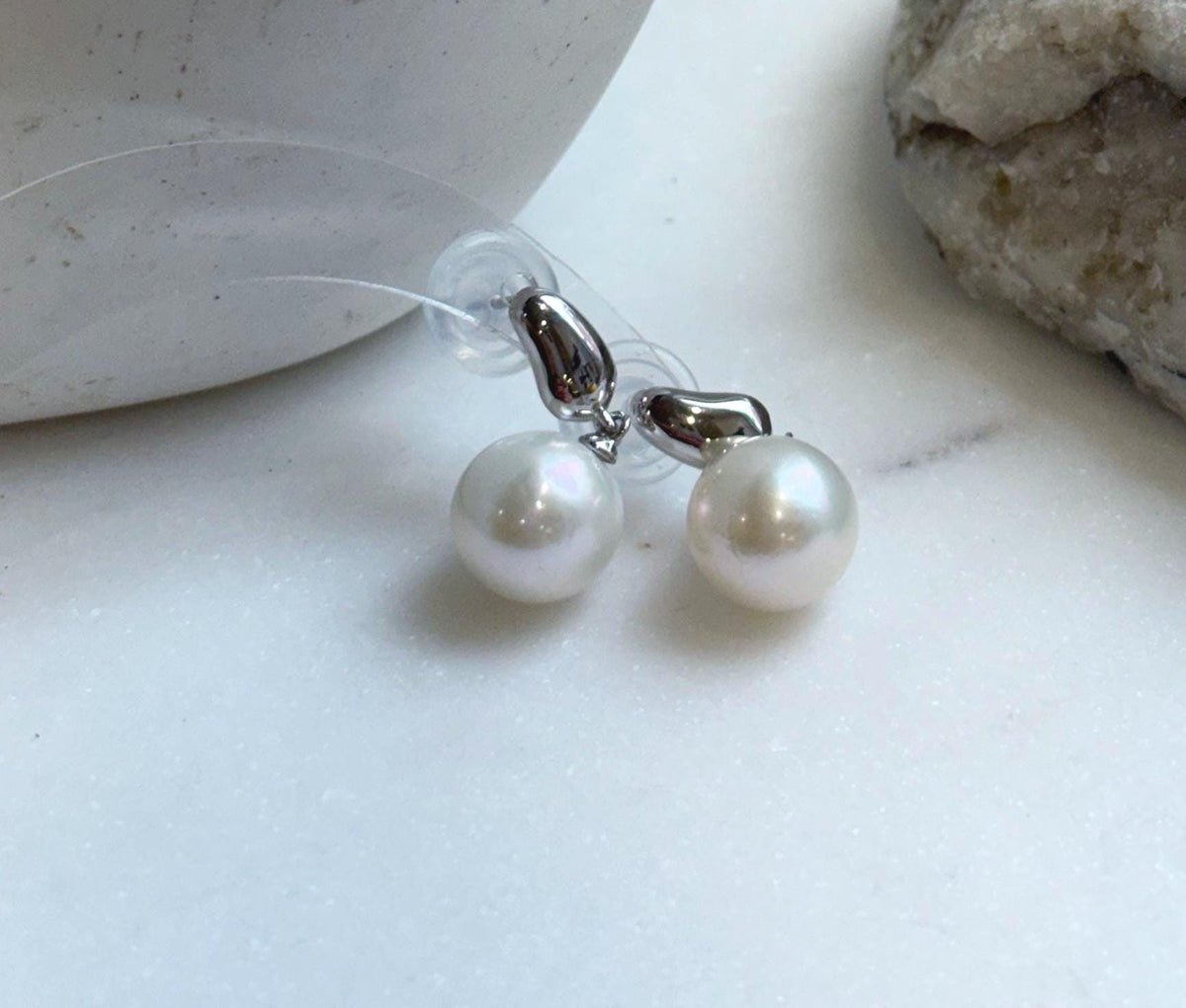 Elly’s 10.9mm Edison white Pearls Earrings: Extreme luster Mirrored, 2.4cm high, S925 silver minimalist earrings. gift for her daily office earrings