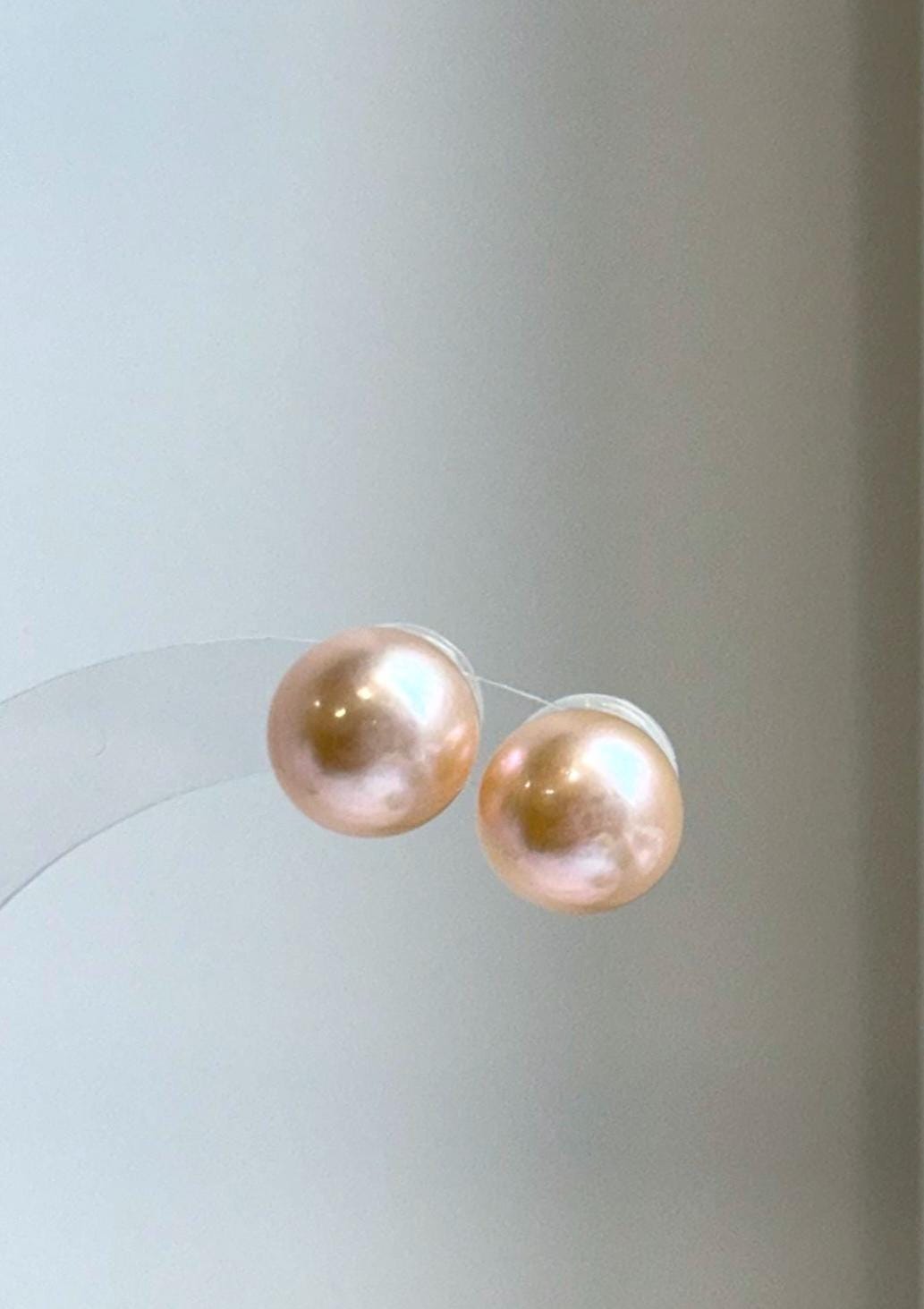 Elly’s 11.3mm Peach Gold Pearls Earrings Studs: Extreme luster Mirrored, S925 silver minimalist earrings.
