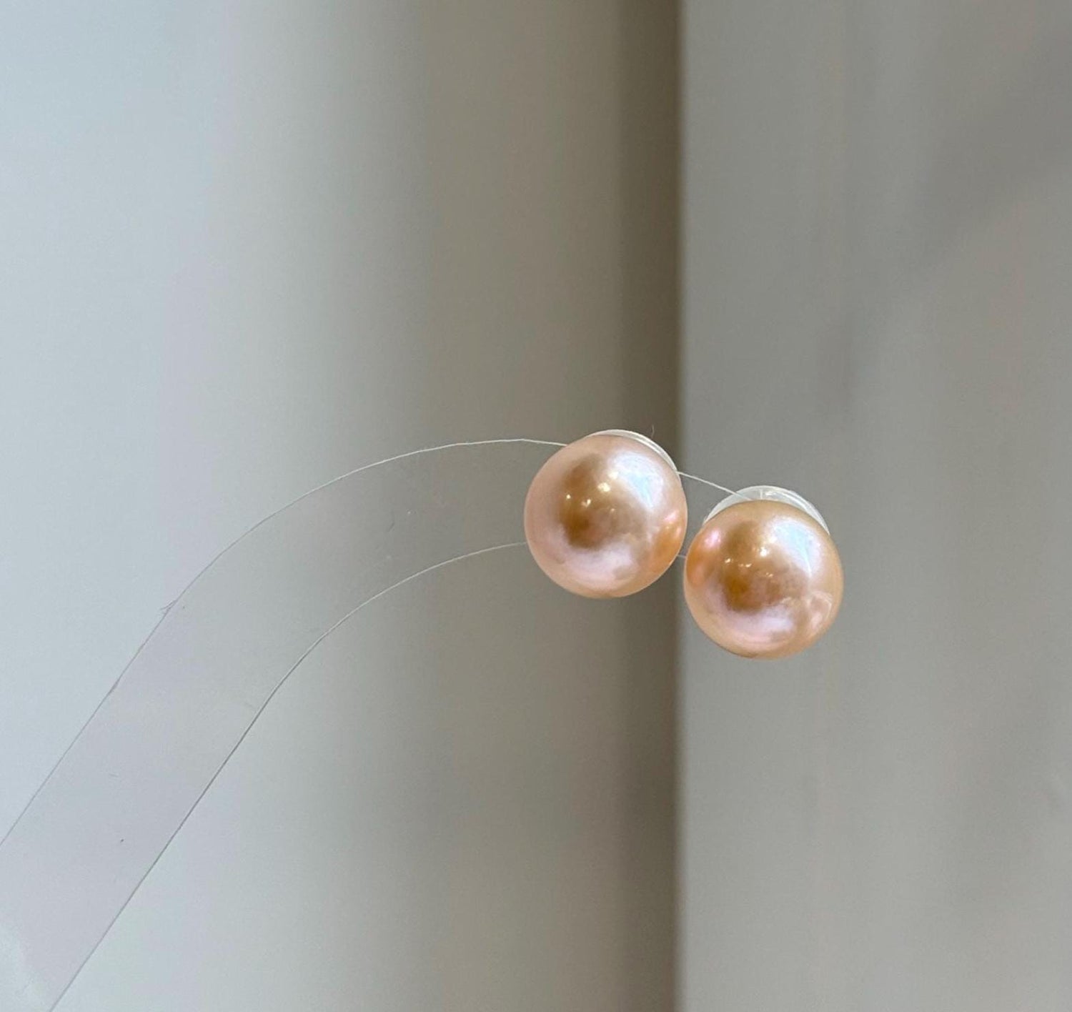 Elly’s 11.3mm Peach Gold Pearls Earrings Studs: Extreme luster Mirrored, S925 silver minimalist earrings.
