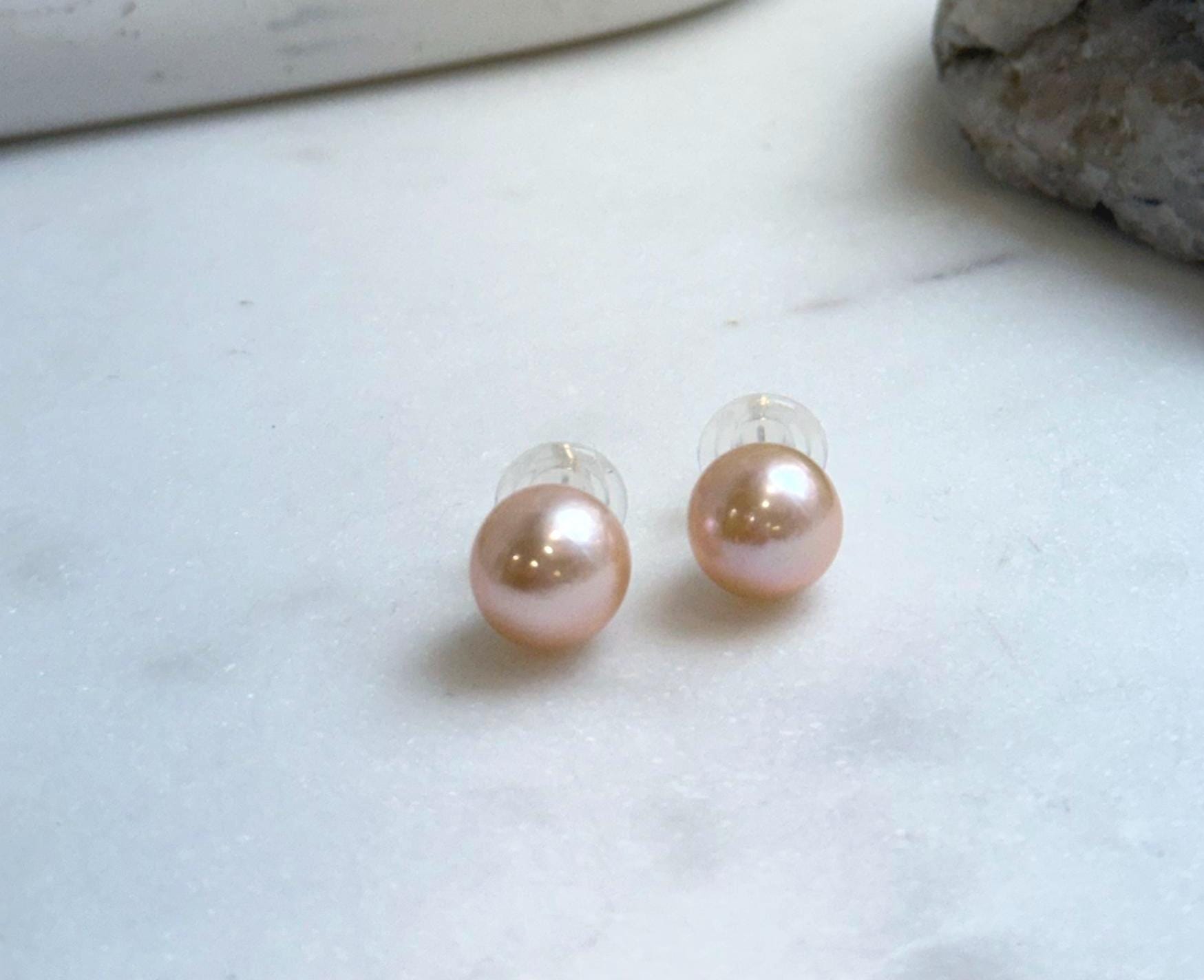 Elly’s 11.3mm Peach Gold Pearls Earrings Studs: Extreme luster Mirrored, S925 silver minimalist earrings.