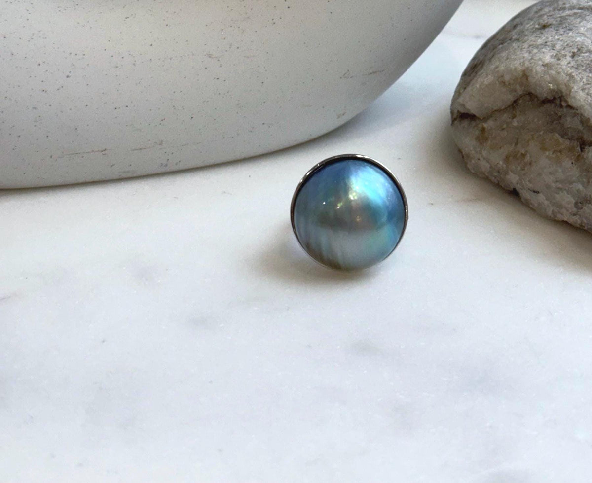 Elly’s 20.4mm Blue iridescent Ocean Round Mabe Pearl Ring: Extreme luster, 2.2cm dia, S925 Silver base adjustable Ring.