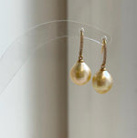 Elly’s 9.9mm South sea ultra golden ocean Pearls Earrings hooks: Extreme luster mirrored, 2.5cm high, S925 silver earrings. gift for her daily office golden earrings