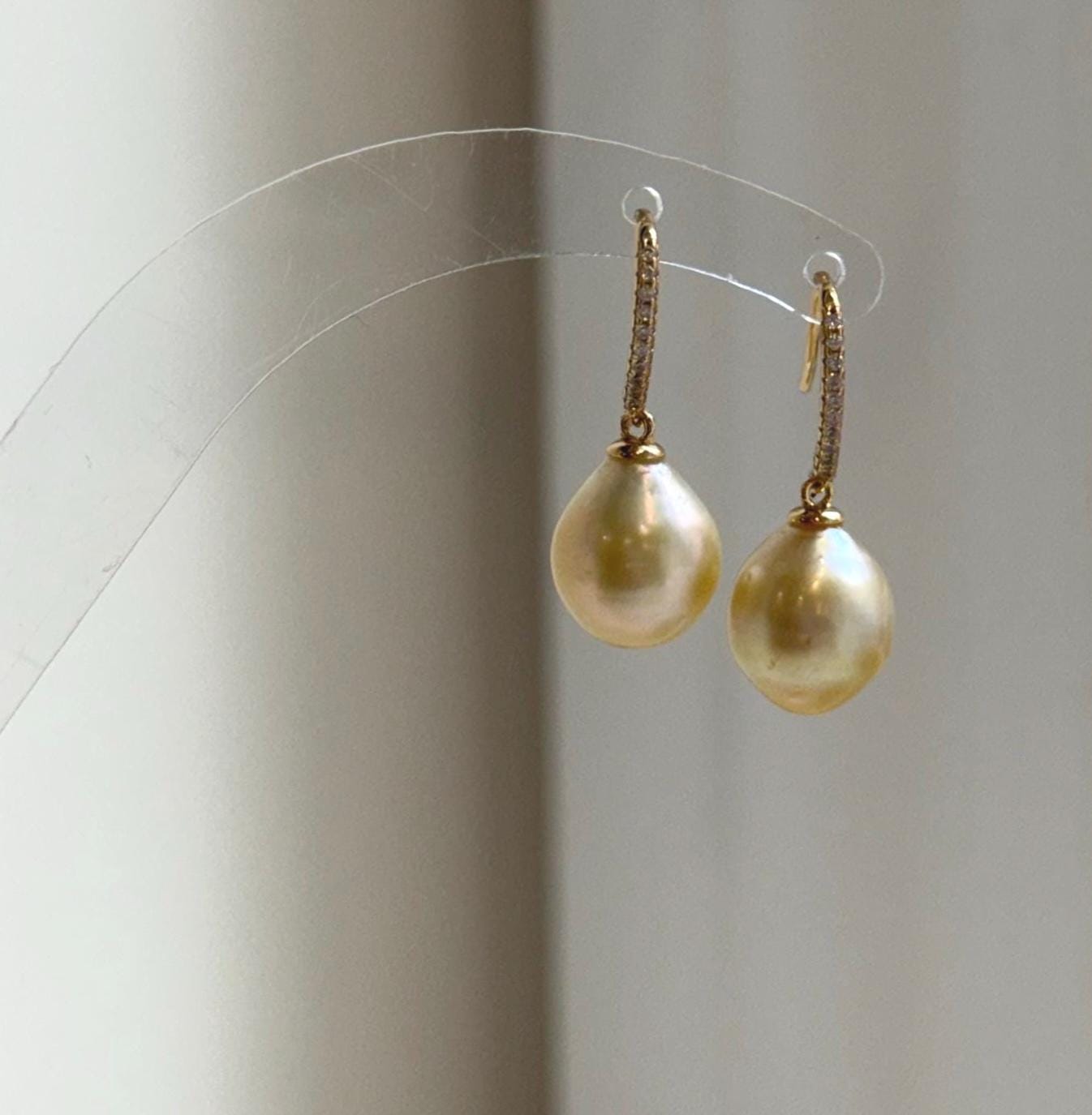 Elly’s 9.9mm South sea ultra golden ocean Pearls Earrings hooks: Extreme luster mirrored, 2.5cm high, S925 silver earrings. gift for her daily office golden earrings