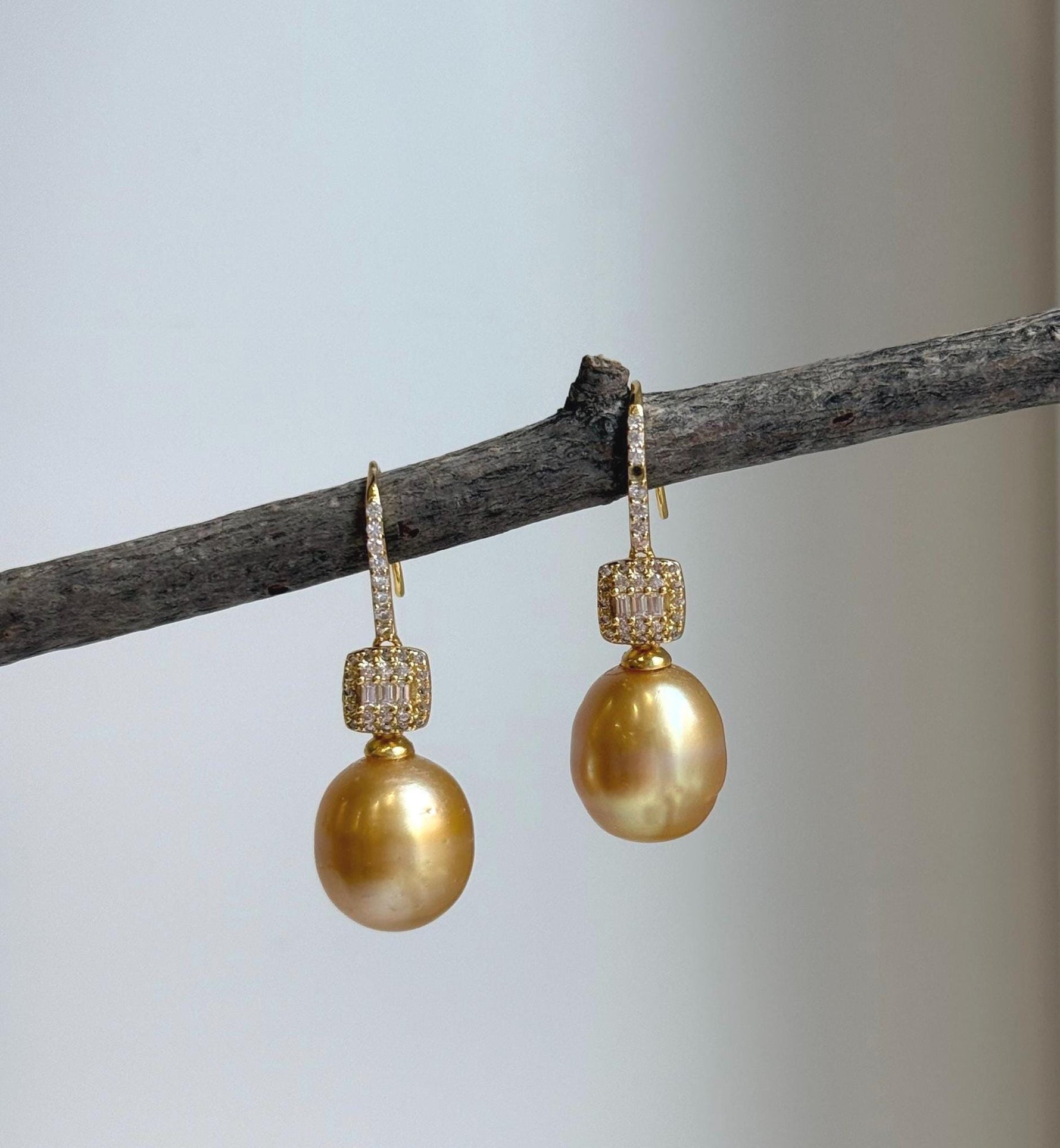 Elly’s 11.3mm South sea deep golden ocean Pearls Earrings hooks: Extreme luster mirrored, 3.3cm high, S925 silver earrings. gift for her birthday high quality golden pearl earrings