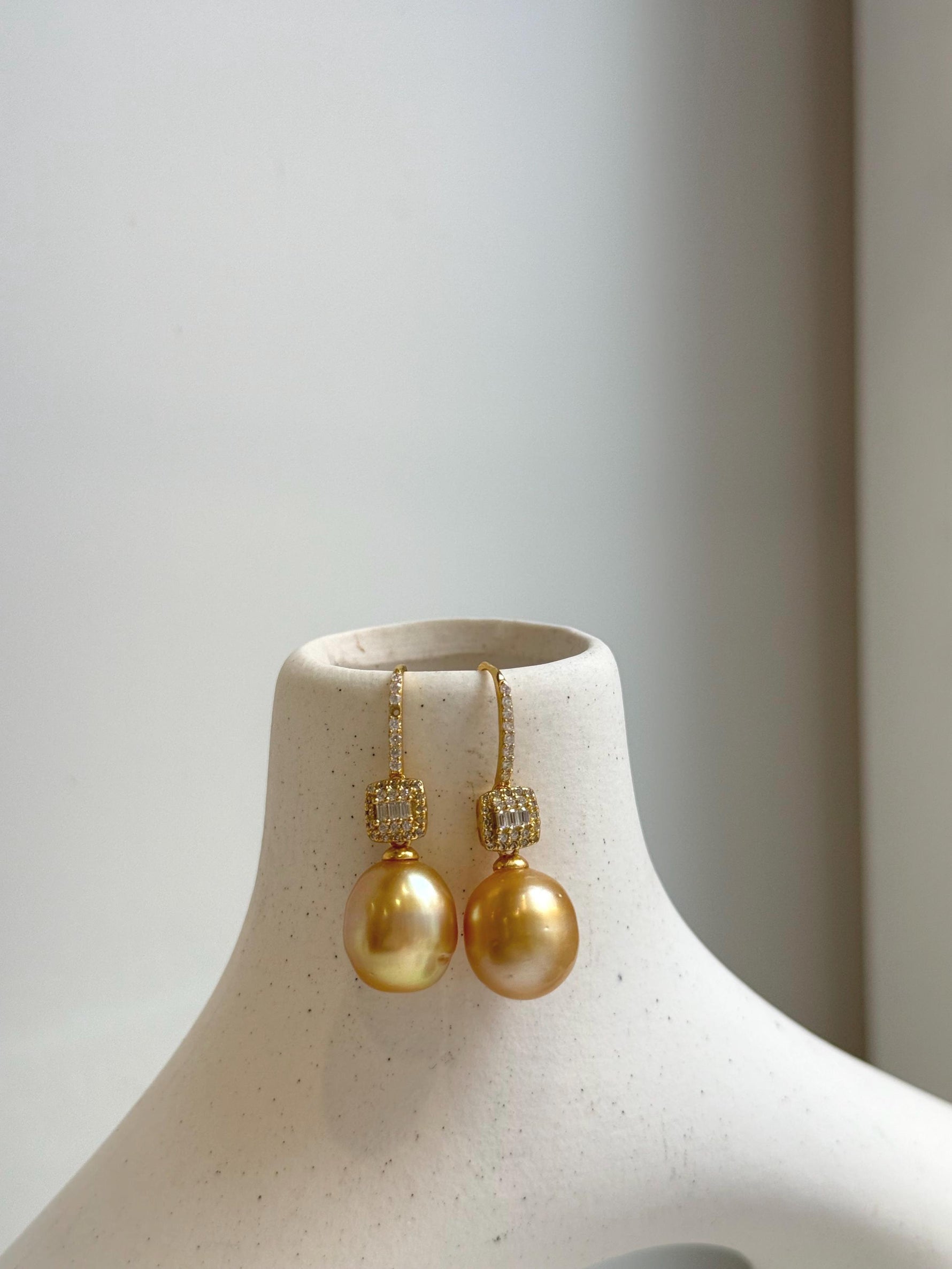 Elly’s 11.3mm South sea deep golden ocean Pearls Earrings hooks: Extreme luster mirrored, 3.3cm high, S925 silver earrings. gift for her birthday high quality golden pearl earrings