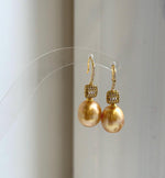 Elly’s 11.3mm South sea deep golden ocean Pearls Earrings hooks: Extreme luster mirrored, 3.3cm high, S925 silver earrings. gift for her birthday high quality golden pearl earrings
