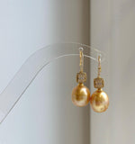 Elly’s 11.3mm South sea deep golden ocean Pearls Earrings hooks: Extreme luster mirrored, 3.3cm high, S925 silver earrings. gift for her birthday high quality golden pearl earrings