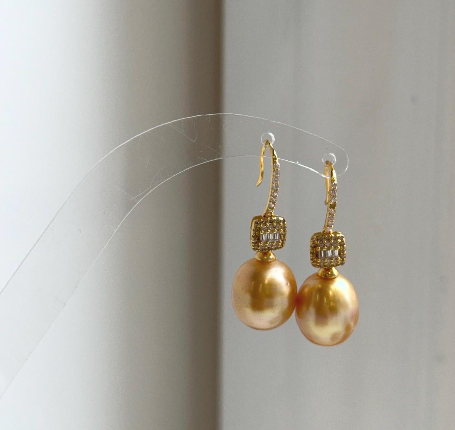 Elly’s 11.3mm South sea deep golden ocean Pearls Earrings hooks: Extreme luster mirrored, 3.3cm high, S925 silver earrings. gift for her birthday high quality golden pearl earrings