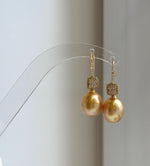 Elly’s 11.3mm South sea deep golden ocean Pearls Earrings hooks: Extreme luster mirrored, 3.3cm high, S925 silver earrings. gift for her birthday high quality golden pearl earrings