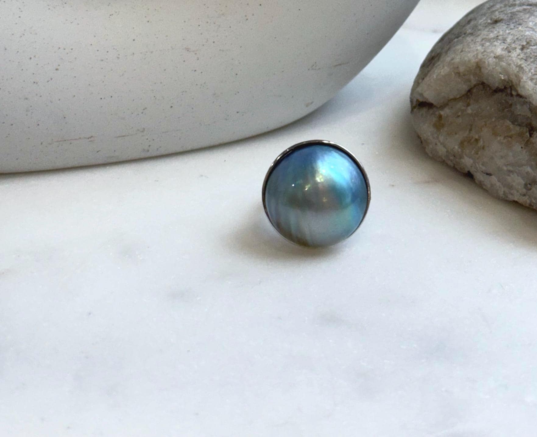 Elly’s 20.4mm Blue iridescent Ocean Round Mabe Pearl Ring: Extreme luster, 2.2cm dia, S925 Silver base adjustable Ring.