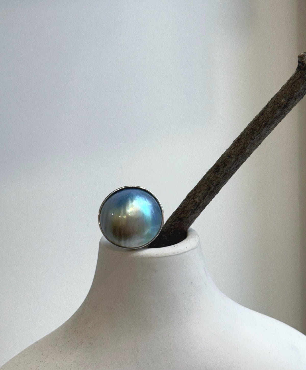 Elly’s 20.4mm Blue iridescent Ocean Round Mabe Pearl Ring: Extreme luster, 2.2cm dia, S925 Silver base adjustable Ring.