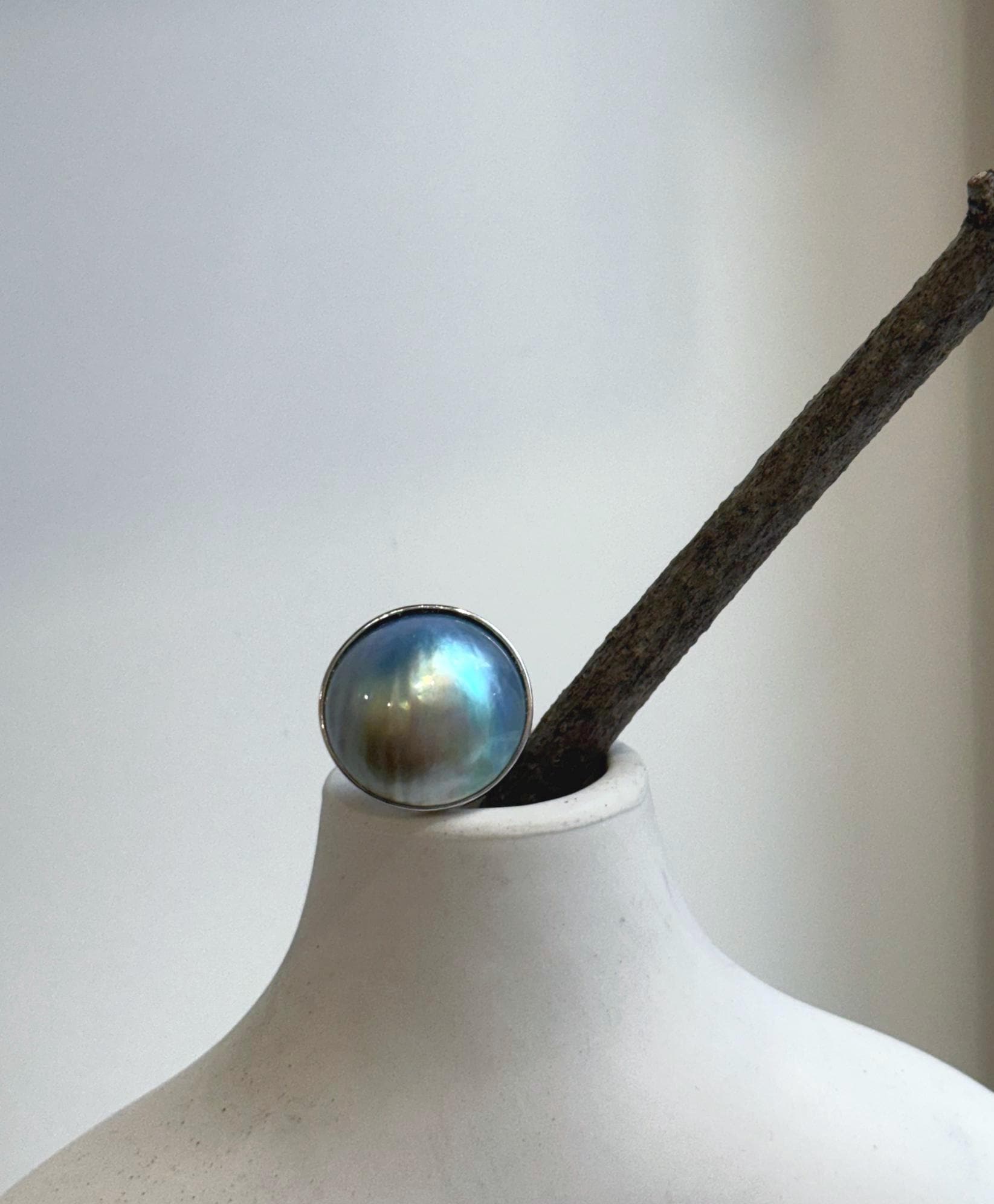 Elly’s 20.4mm Blue iridescent Ocean Round Mabe Pearl Ring: Extreme luster, 2.2cm dia, S925 Silver base adjustable Ring.