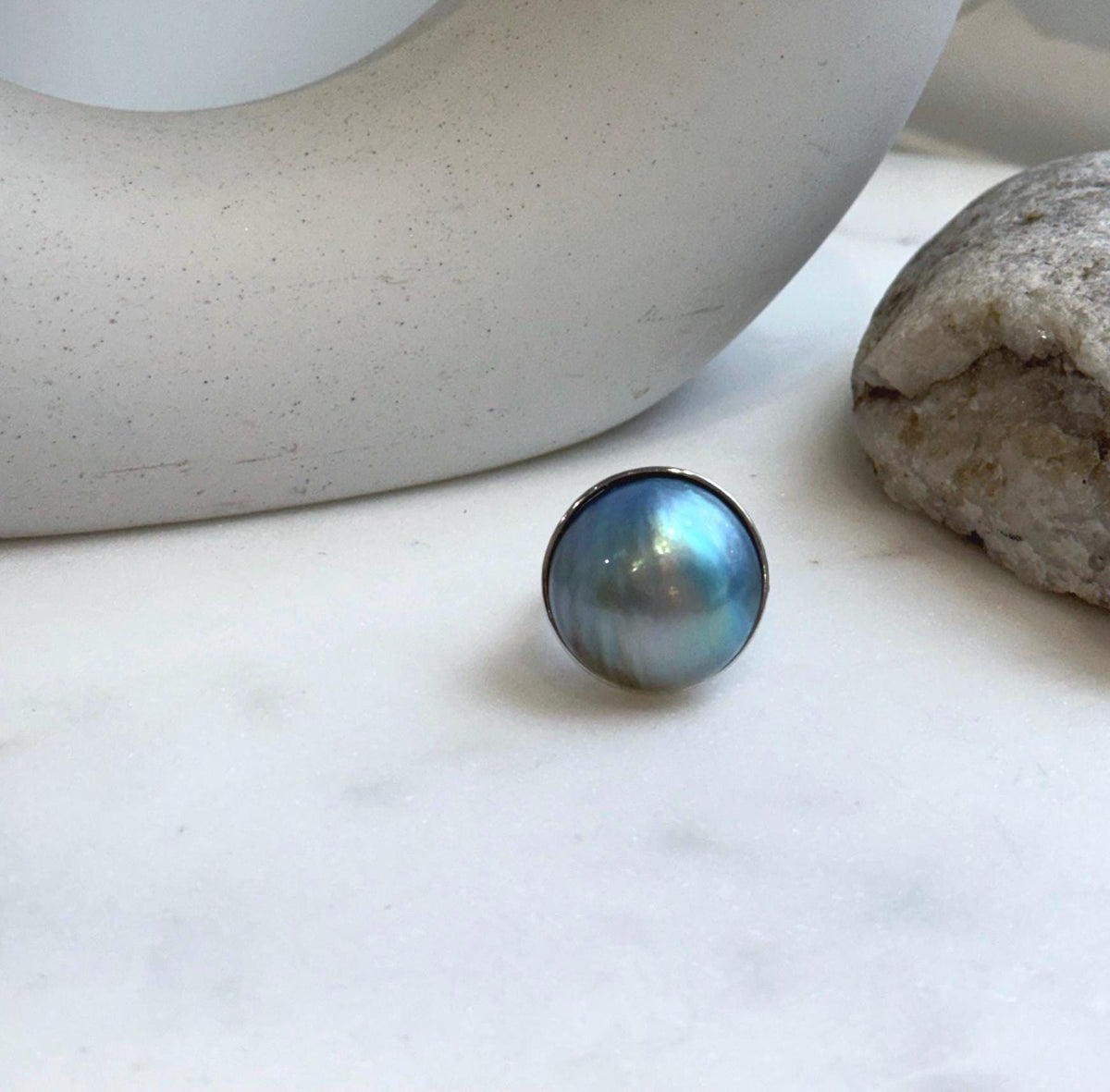 Elly’s 20.4mm Blue iridescent Ocean Round Mabe Pearl Ring: Extreme luster, 2.2cm dia, S925 Silver base adjustable Ring.