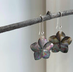 Natural Black Metallic Iridescent ocean Shell S925 silver vintage cool floral earring hooks. 3x5cm high