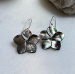 Natural Black Metallic Iridescent ocean Shell S925 silver vintage cool floral earring hooks. 3x5cm high