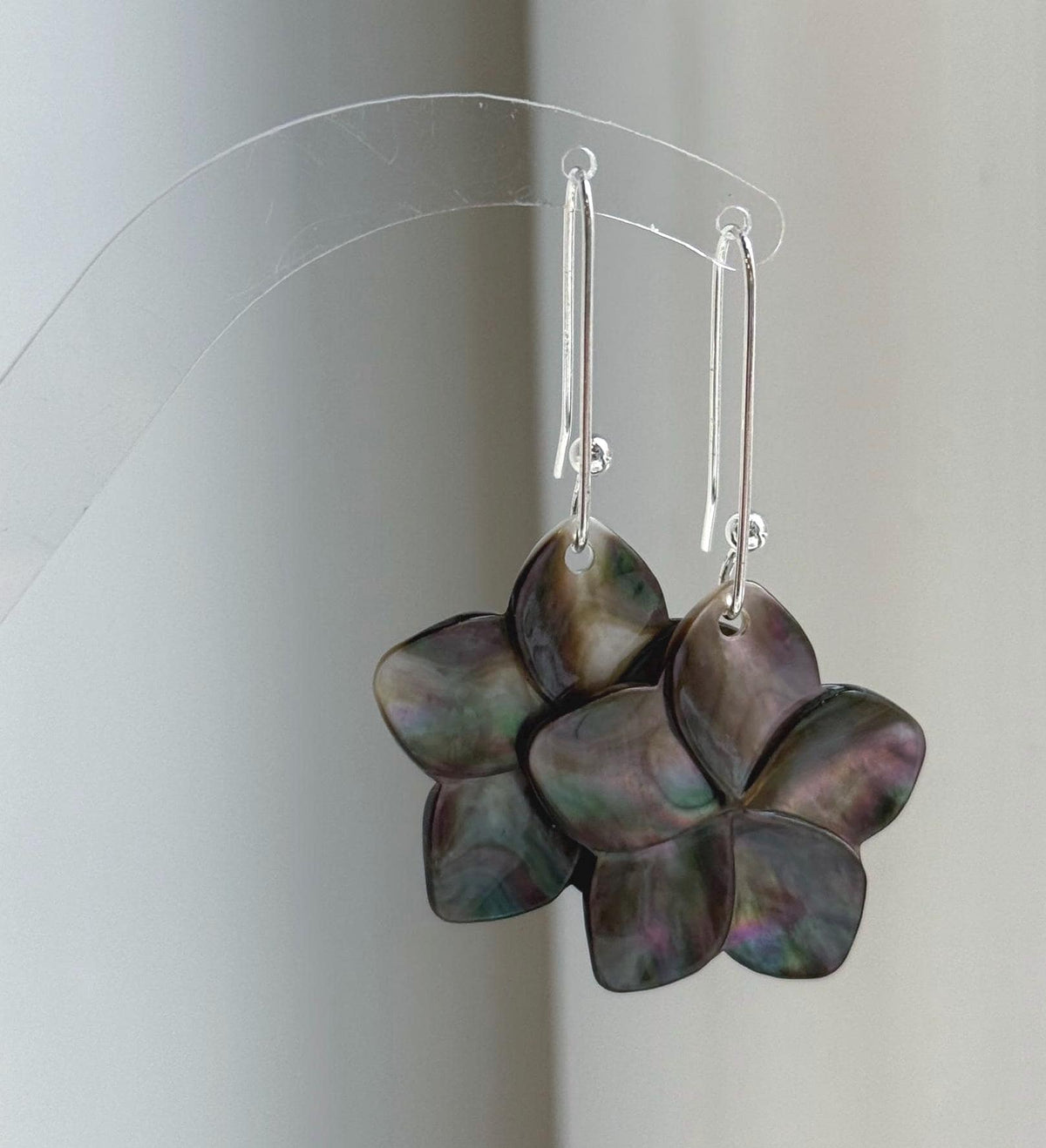 Natural Black Metallic Iridescent ocean Shell S925 silver vintage cool floral earring hooks. 3x5cm high