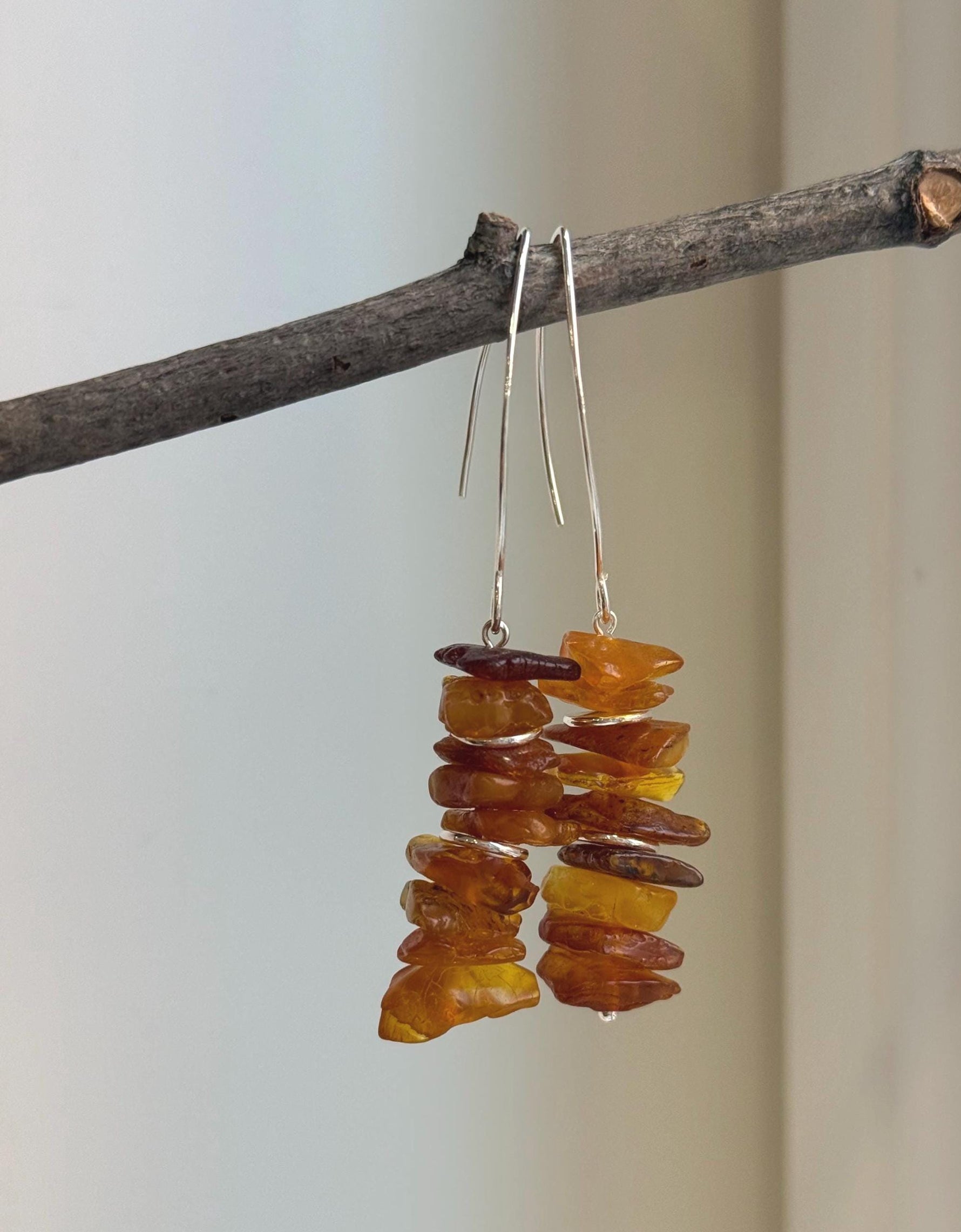 Elly’s Natural Amber Earring Chandeliers, Vintage design, 7cm high. S925 silver earrings.