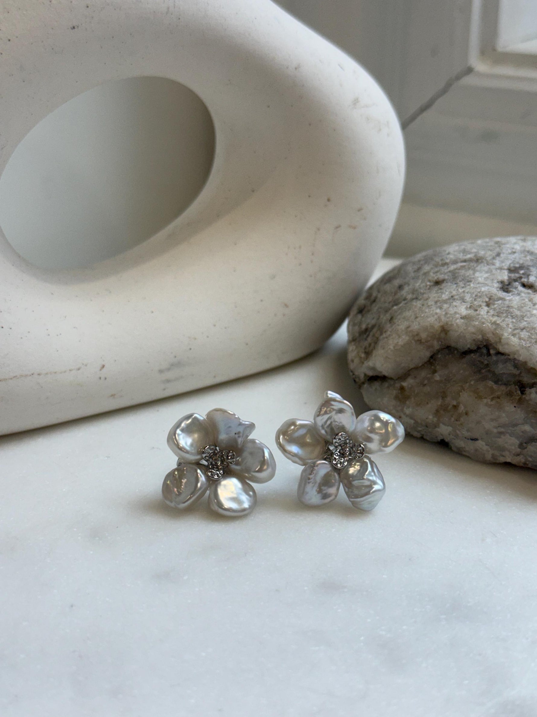 Elly’s freshwater white iridescent petal Keshi pearls Floral earrings:  2.2cm dia, S925 silver earrings studs.