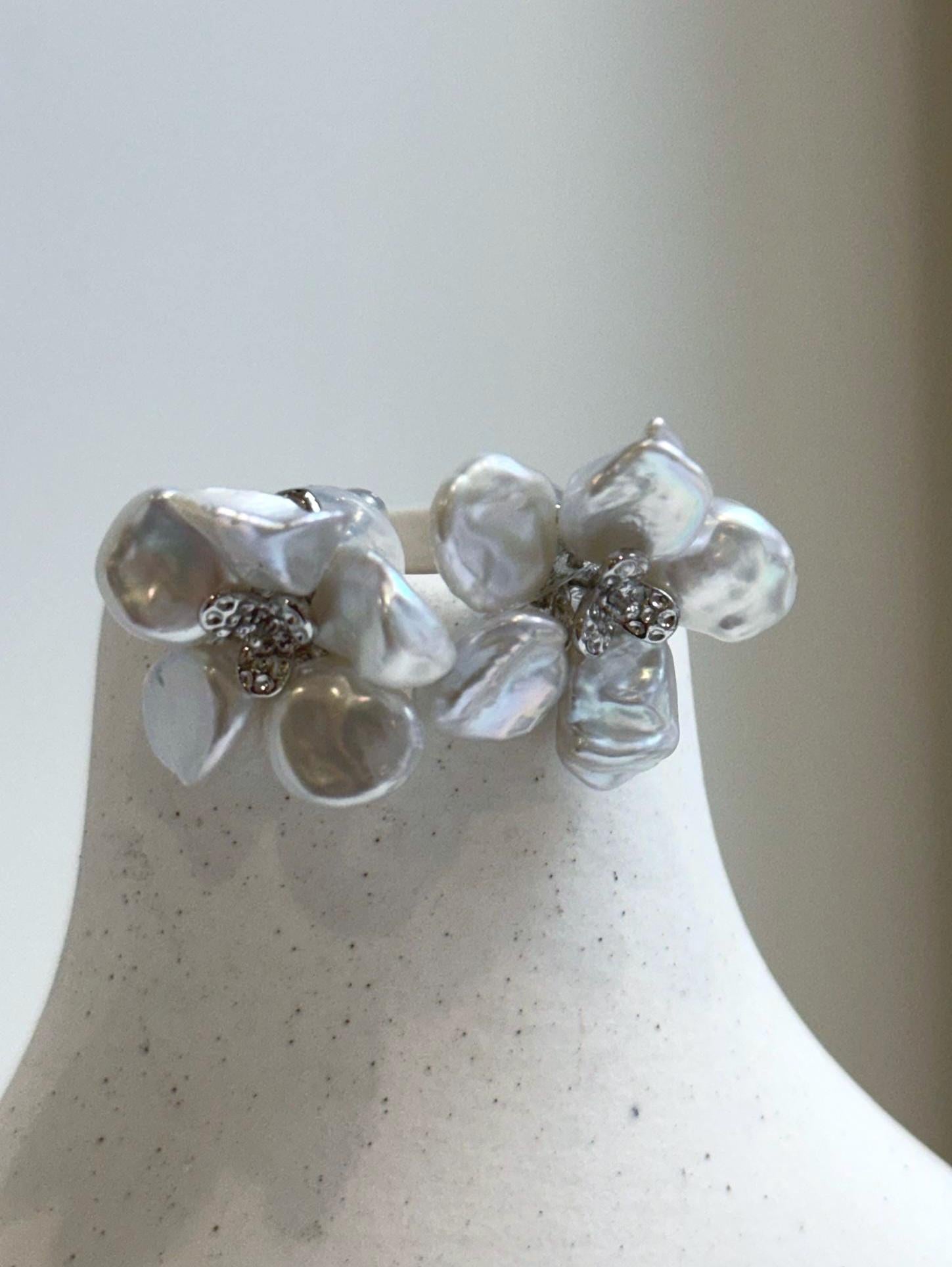 Elly’s freshwater white iridescent petal Keshi pearls Floral earrings:  2.2cm dia, S925 silver earrings studs.