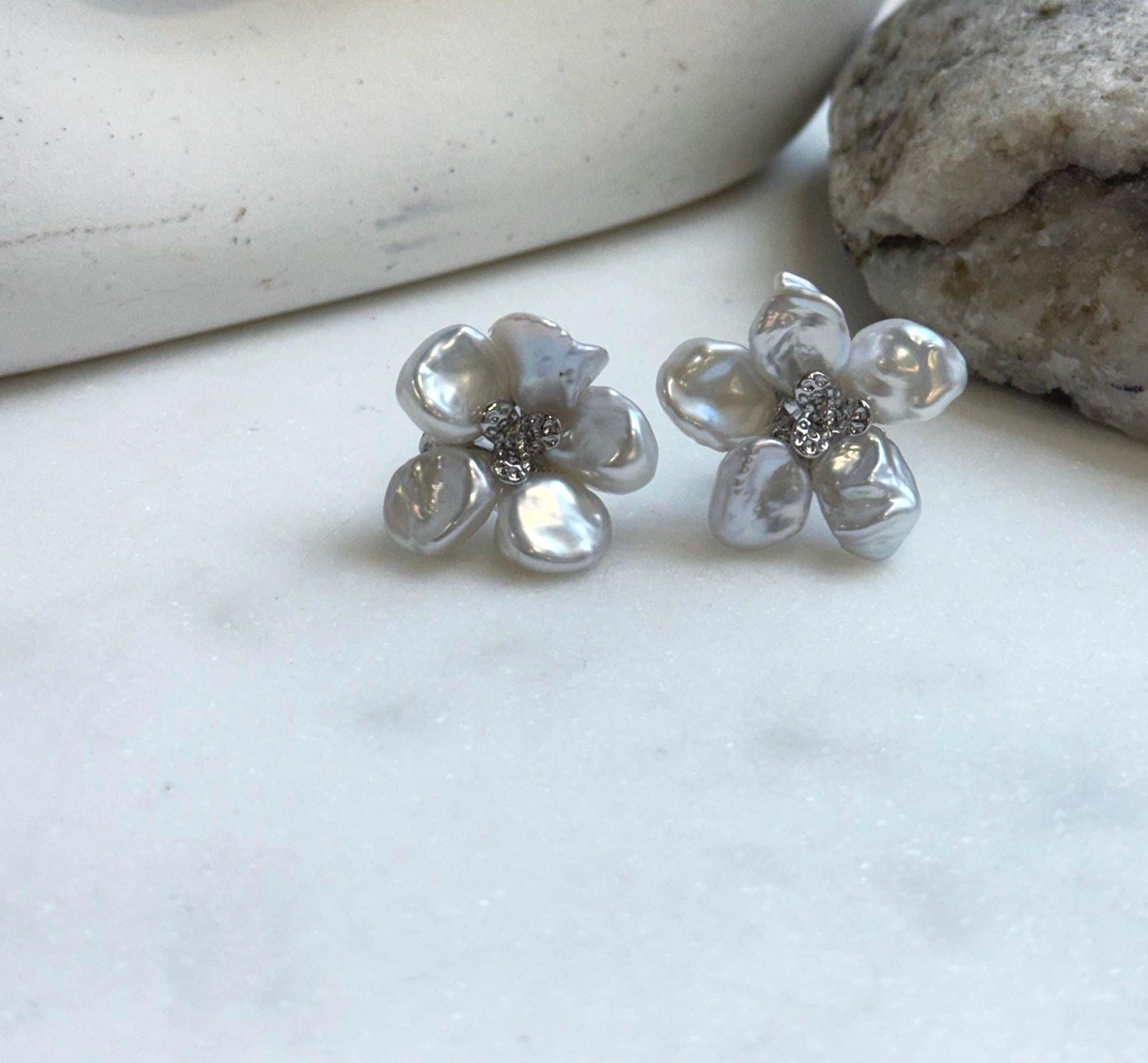 Elly’s freshwater white iridescent petal Keshi pearls Floral earrings:  2.2cm dia, S925 silver earrings studs.