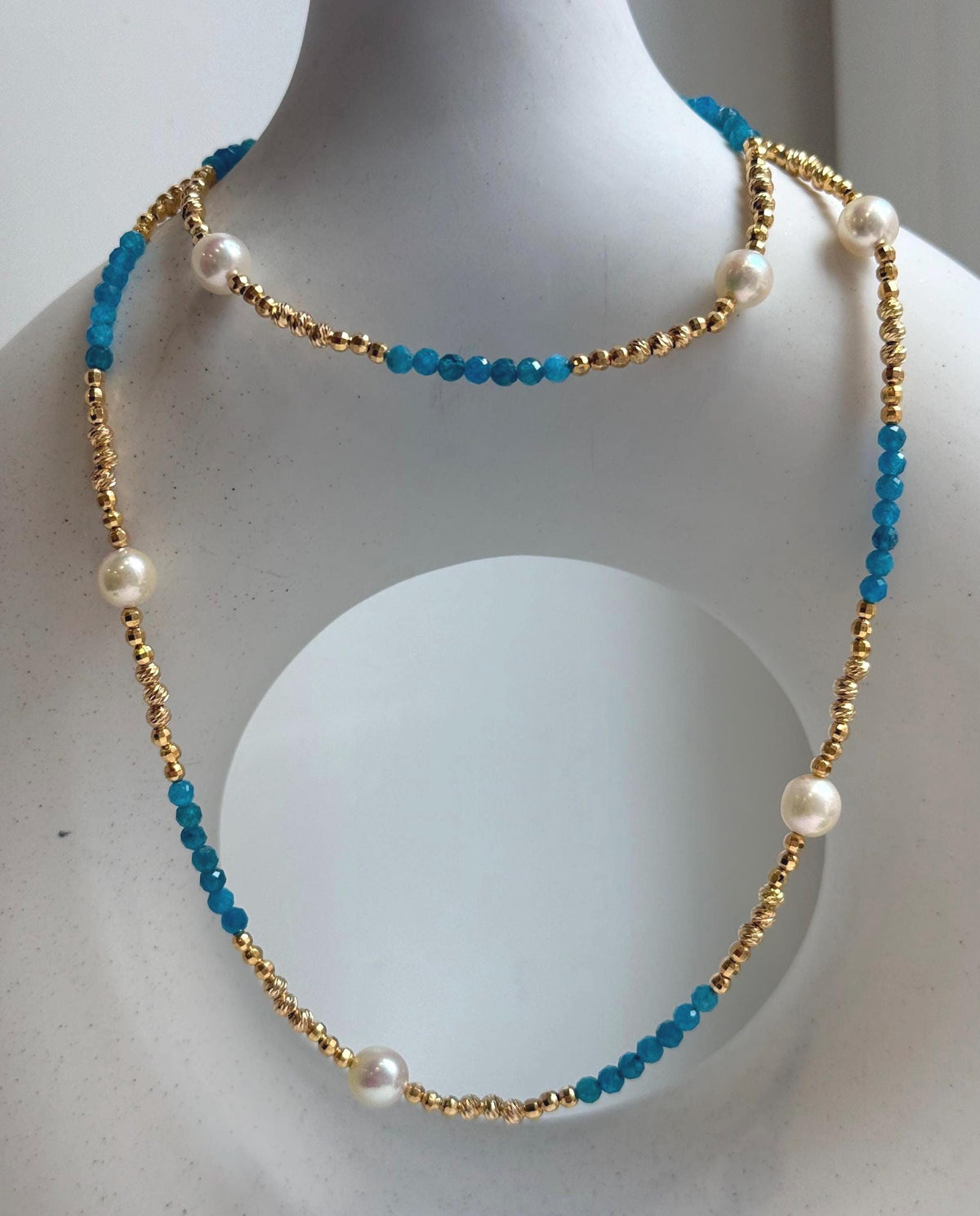 Elly’s 7pcs 6.7-7mm Akoya Golden ocean pearls Designed Necklace: Extreme luster mirrored, to 24” long, S925 silver Blue Apatite Necklace.