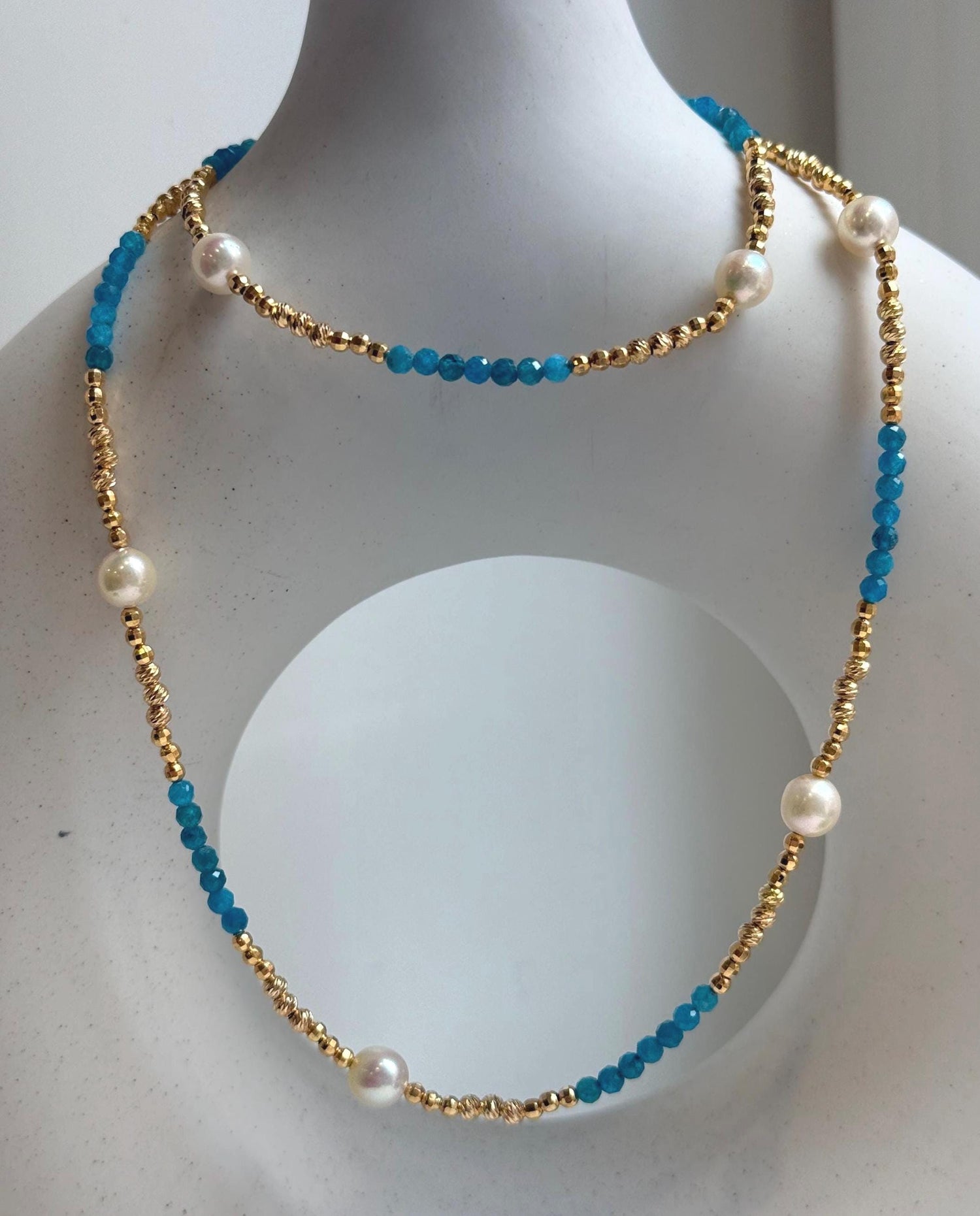 Elly’s 7pcs 6.7-7mm Akoya Golden ocean pearls Designed Necklace: Extreme luster mirrored, to 24” long, S925 silver Blue Apatite Necklace.