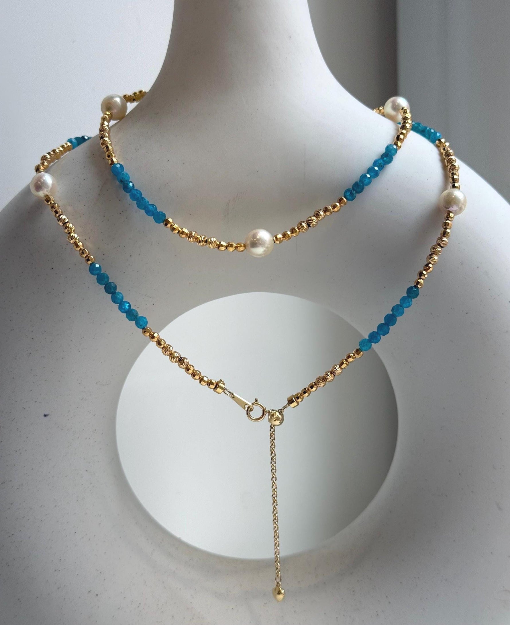 Elly’s 7pcs 6.7-7mm Akoya Golden ocean pearls Designed Necklace: Extreme luster mirrored, to 24” long, S925 silver Blue Apatite Necklace.