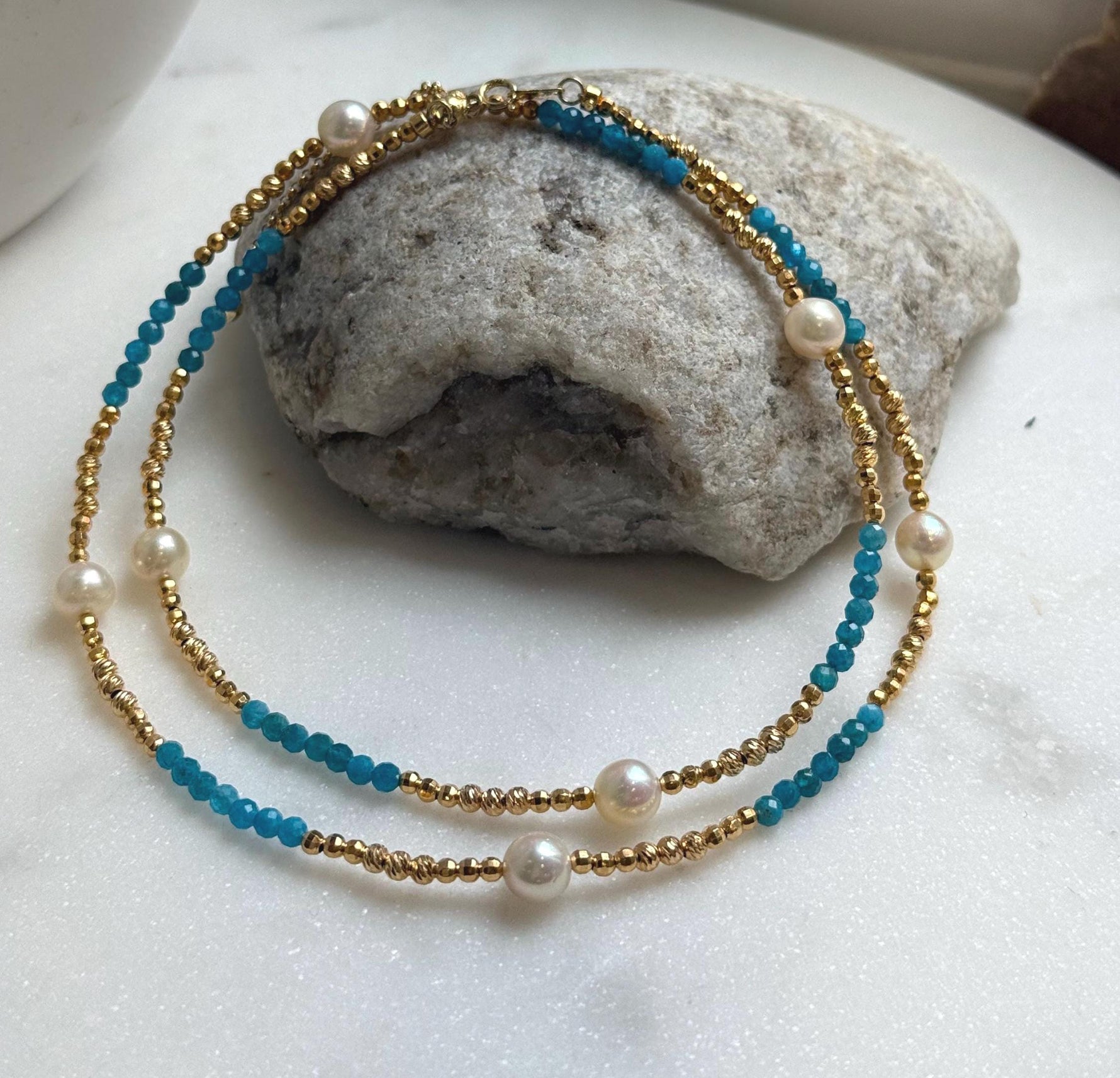 Elly’s 7pcs 6.7-7mm Akoya Golden ocean pearls Designed Necklace: Extreme luster mirrored, to 24” long, S925 silver Blue Apatite Necklace.