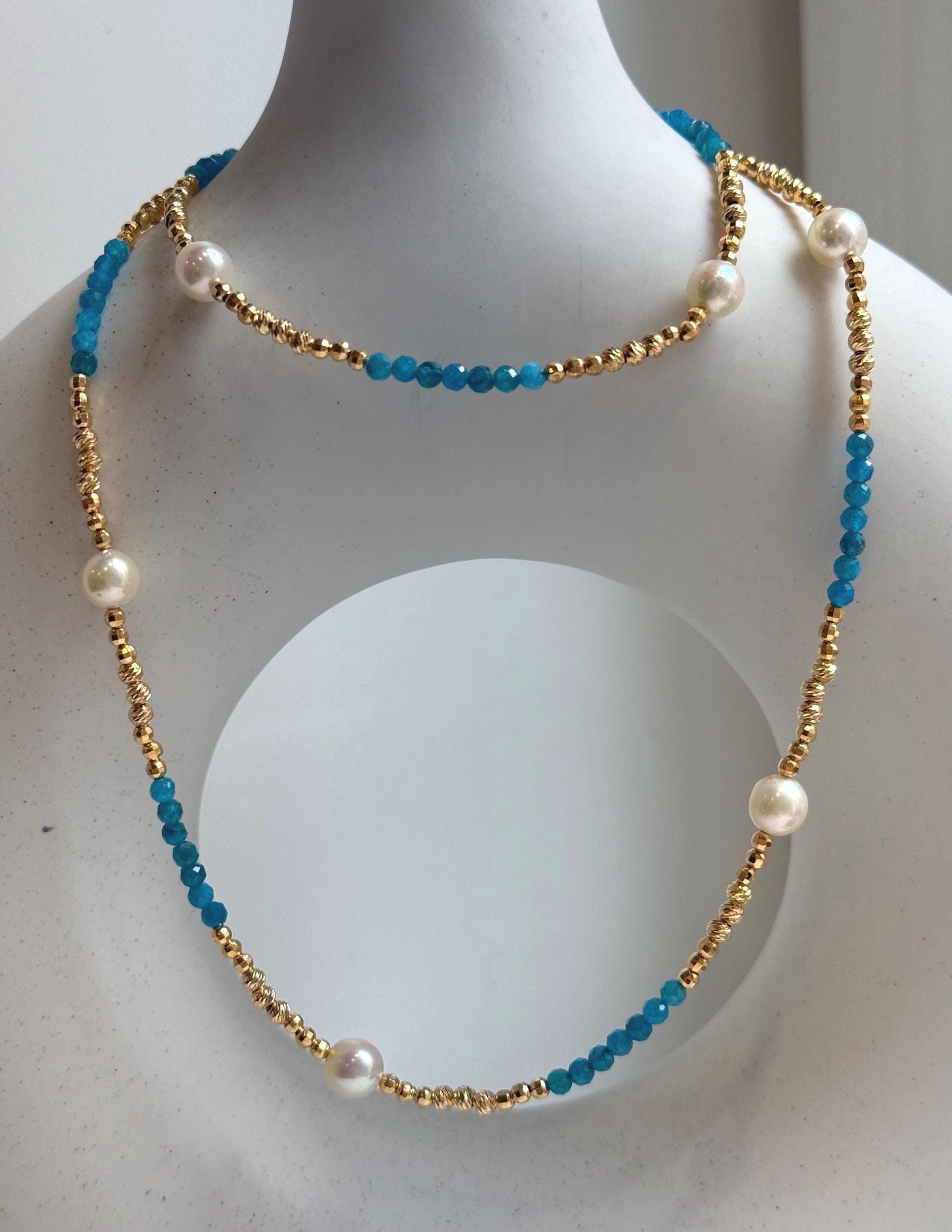 Elly’s 7pcs 6.7-7mm Akoya Golden ocean pearls Designed Necklace: Extreme luster mirrored, to 24” long, S925 silver Blue Apatite Necklace.