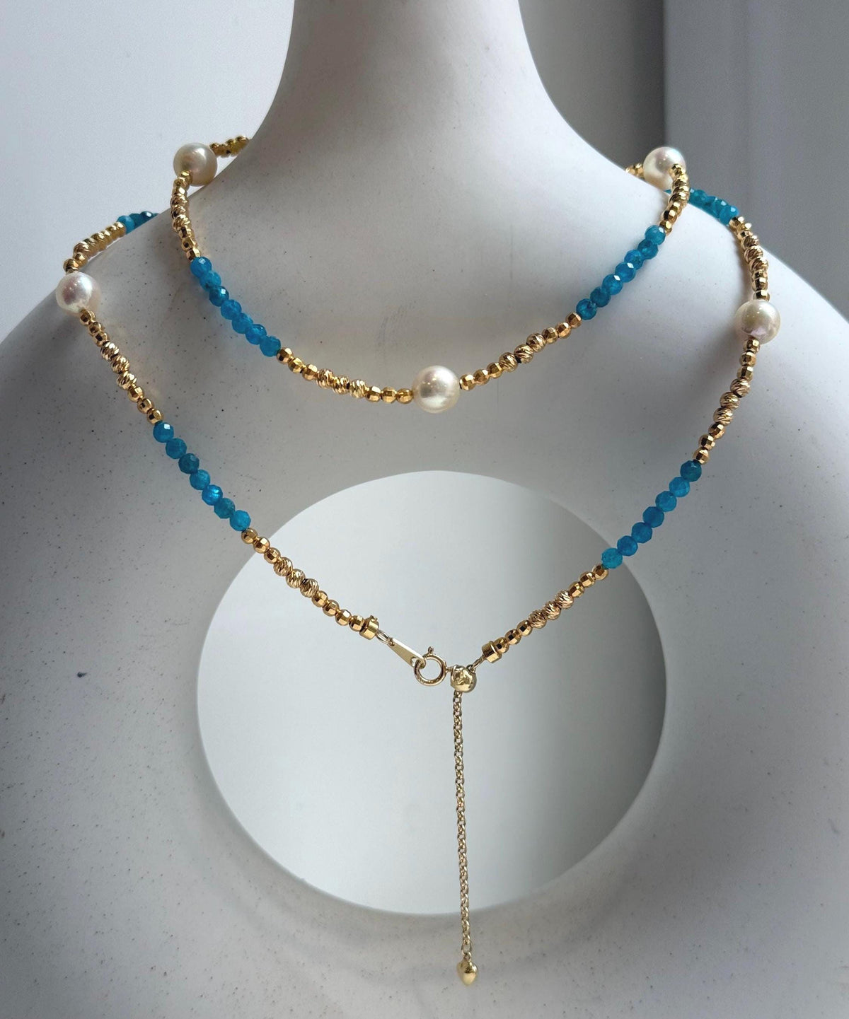 Elly’s 7pcs 6.7-7mm Akoya Golden ocean pearls Designed Necklace: Extreme luster mirrored, to 24” long, S925 silver Blue Apatite Necklace.