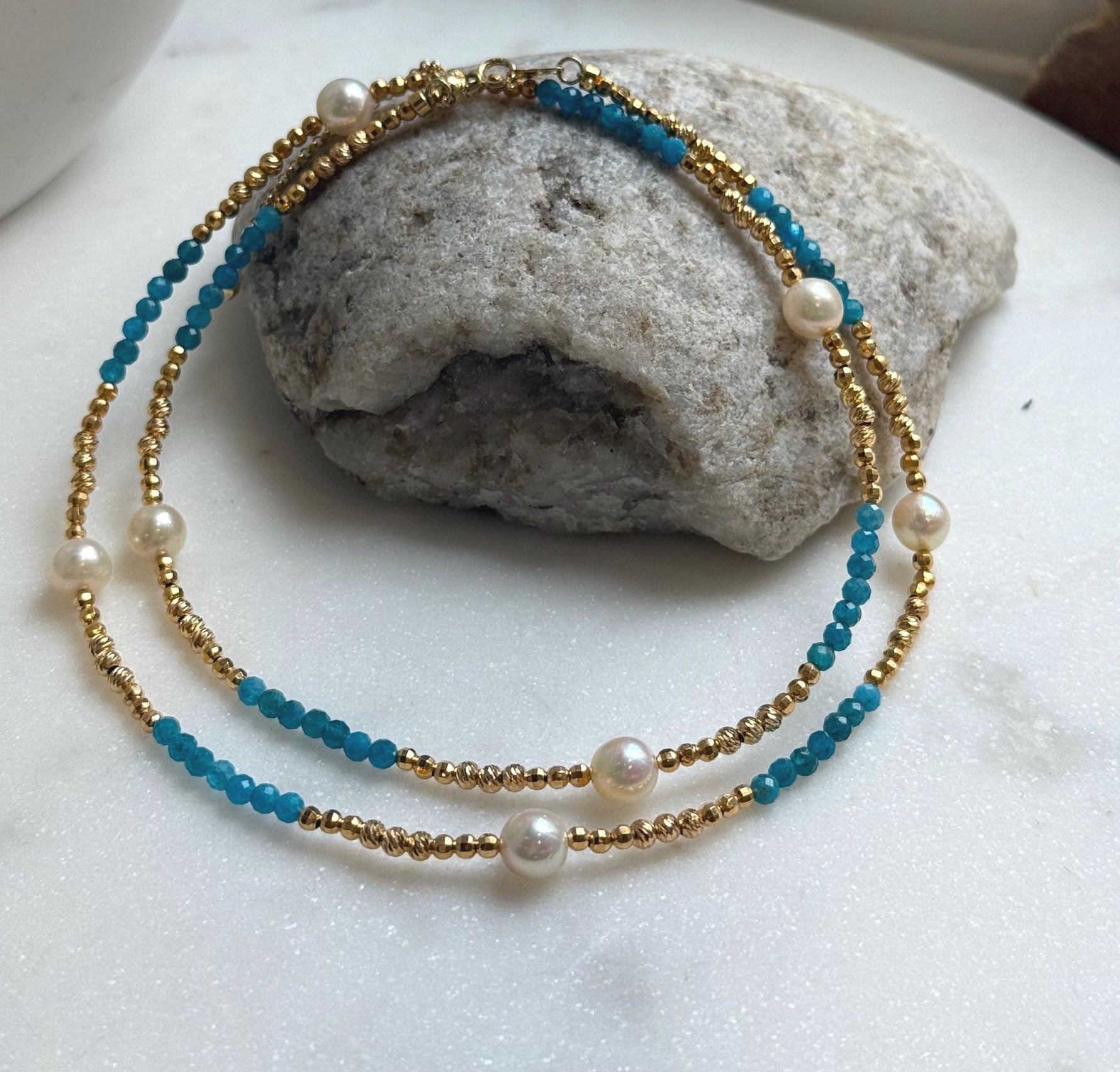 Elly’s 7pcs 6.7-7mm Akoya Golden ocean pearls Designed Necklace: Extreme luster mirrored, to 24” long, S925 silver Blue Apatite Necklace.