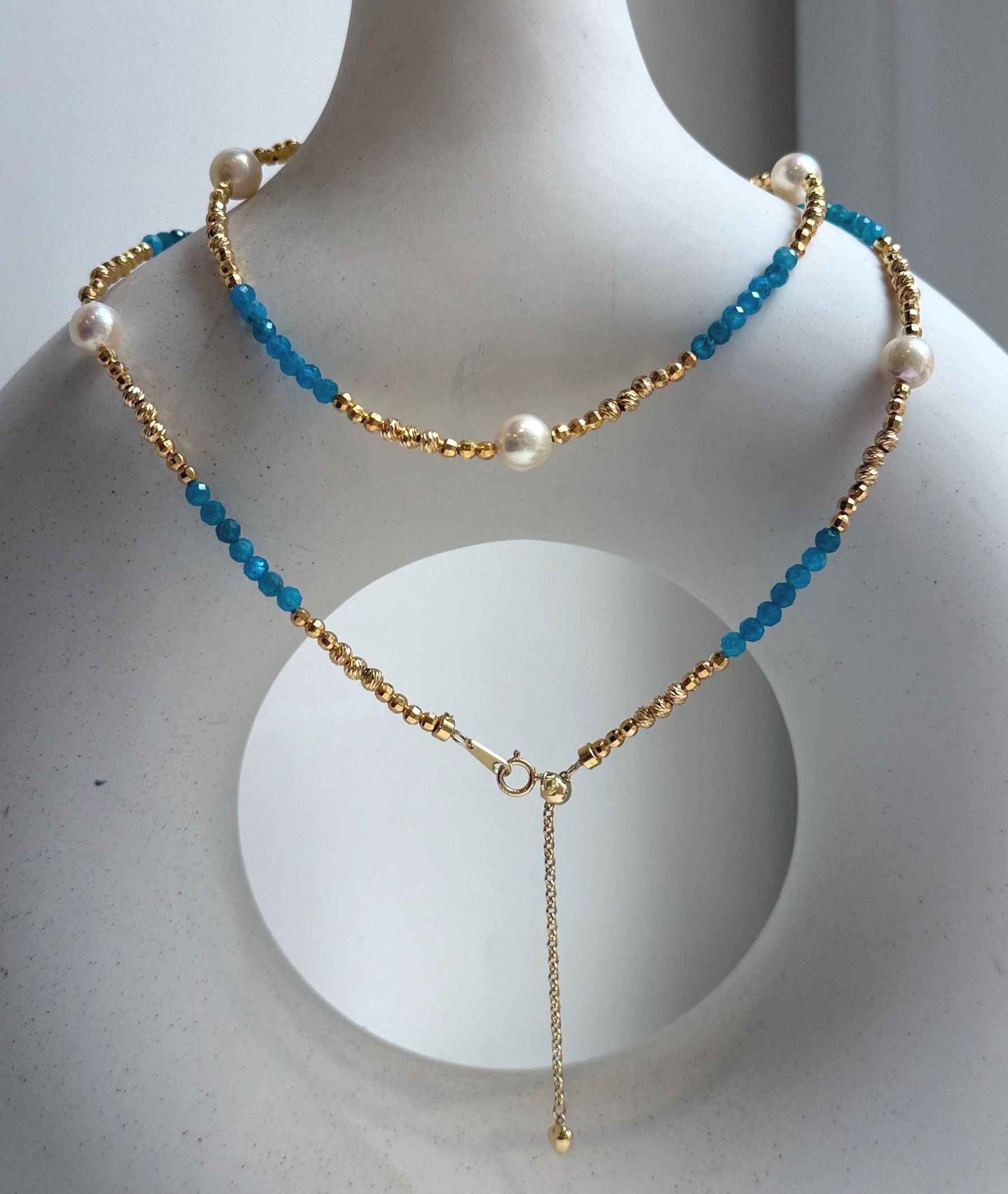 Elly’s 7pcs 6.7-7mm Akoya Golden ocean pearls Designed Necklace: Extreme luster mirrored, to 24” long, S925 silver Blue Apatite Necklace.