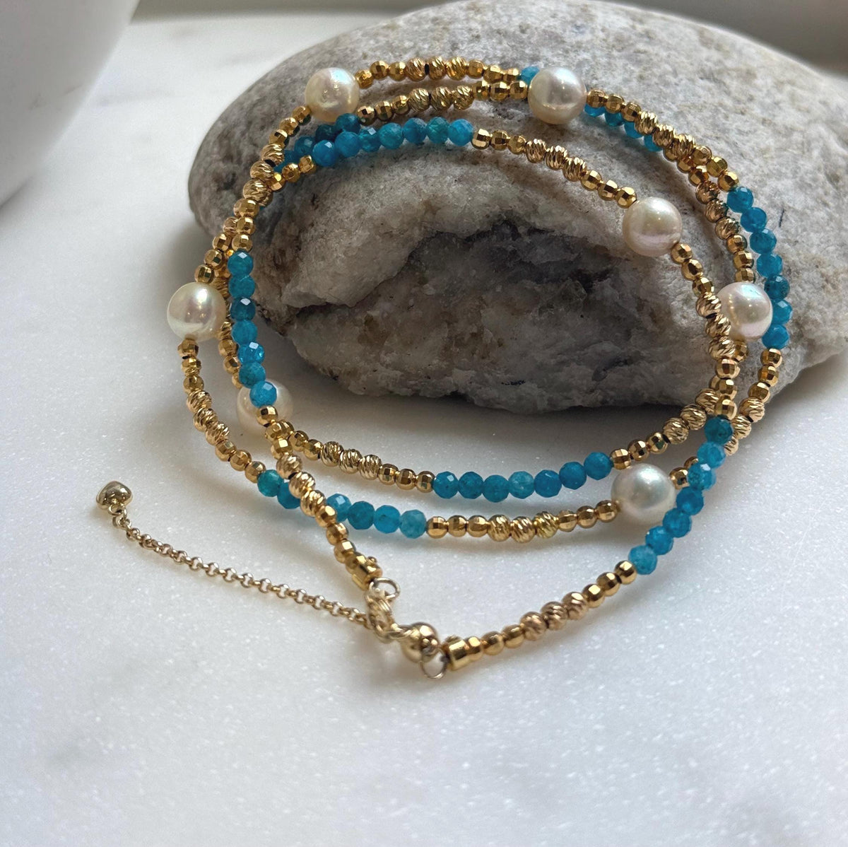 Elly’s 7pcs 6.7-7mm Akoya Golden ocean pearls Designed Necklace: Extreme luster mirrored, to 24” long, S925 silver Blue Apatite Necklace.