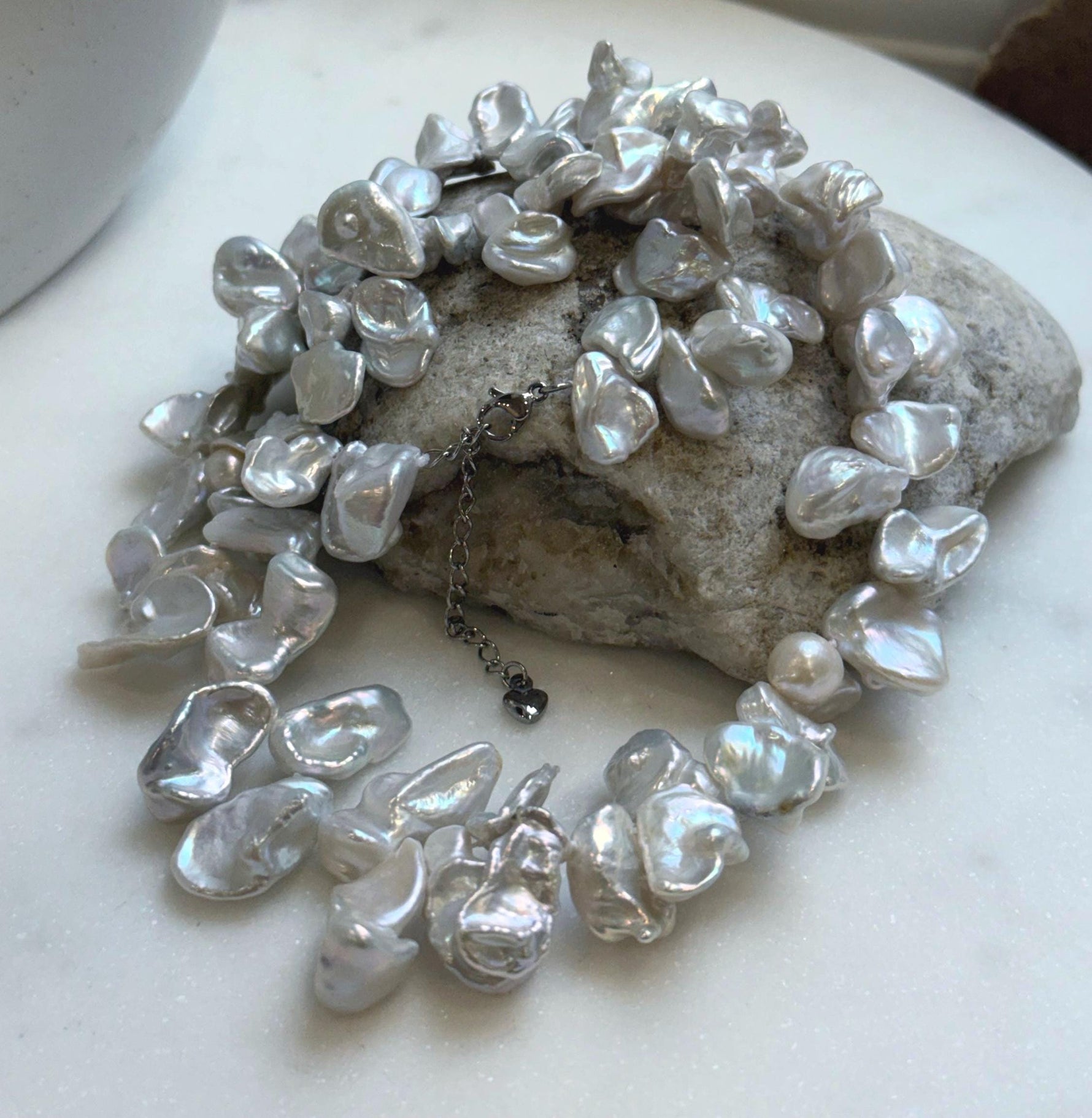 Elly’s Keshi petal white blue iridescent pearls necklace choker: Extreme luster, 19.1”.